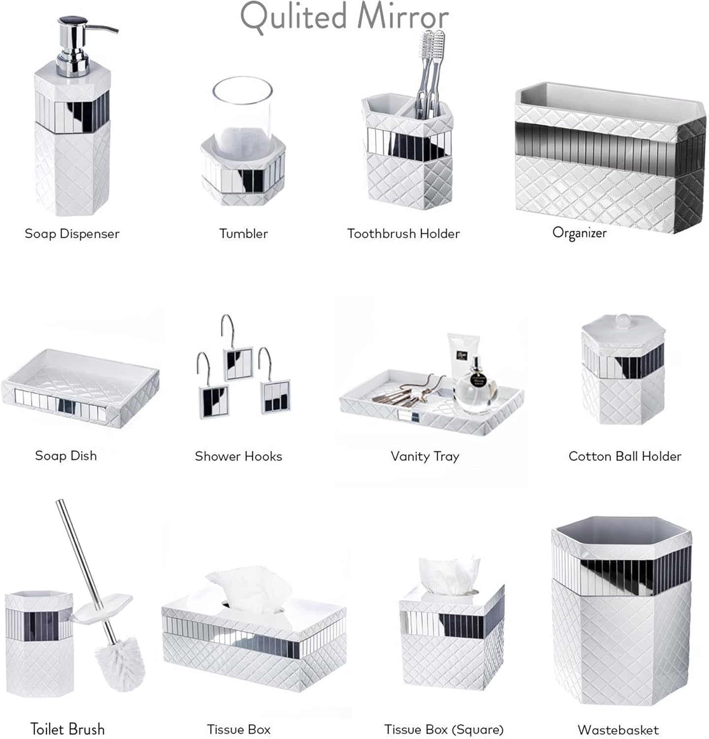 Creative Scents Quilted Mirror Toilet Brush Set - White with Holder