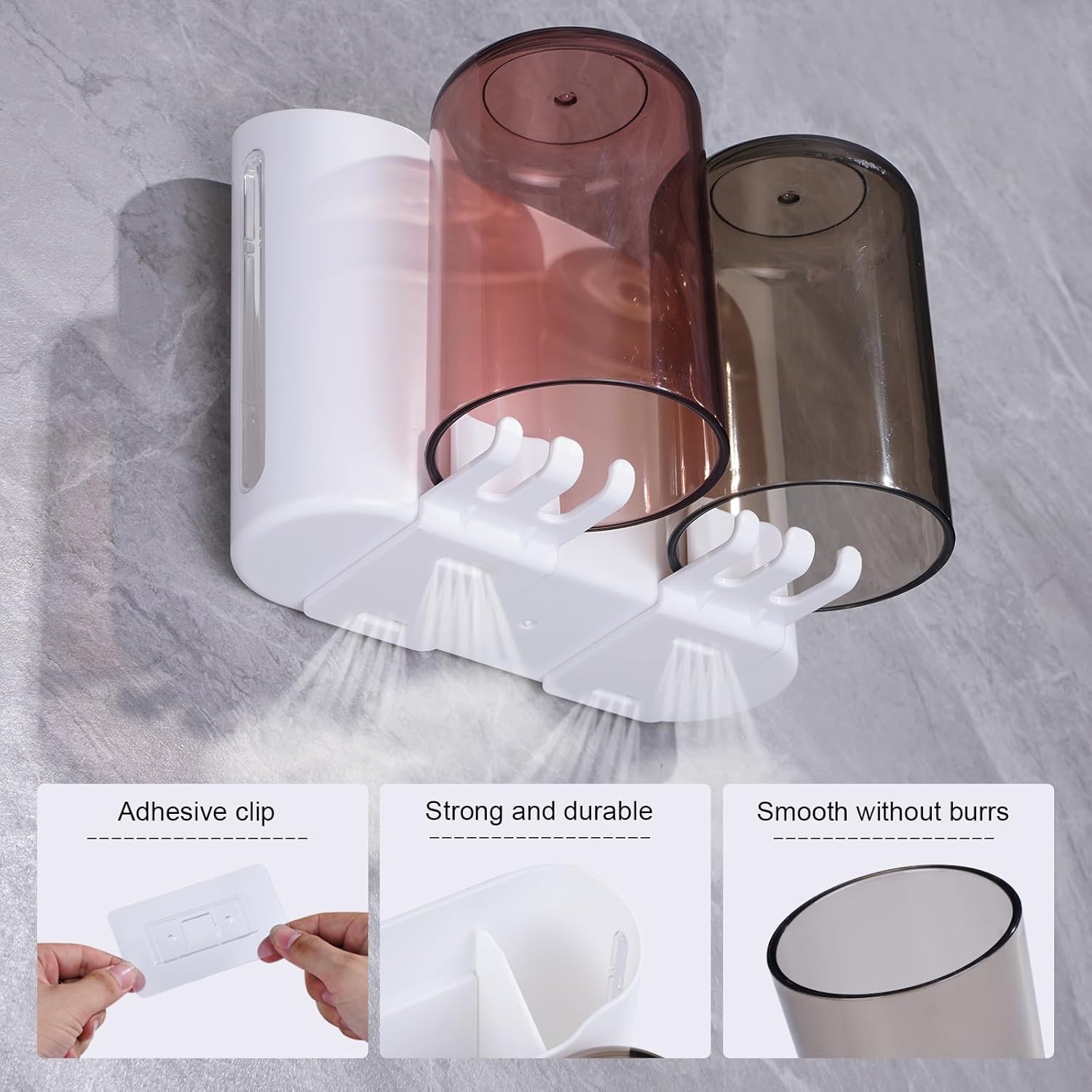 Eichzer Wall-Mounted Toothbrush Holder with 3 Slots and 2 Rinse Cups