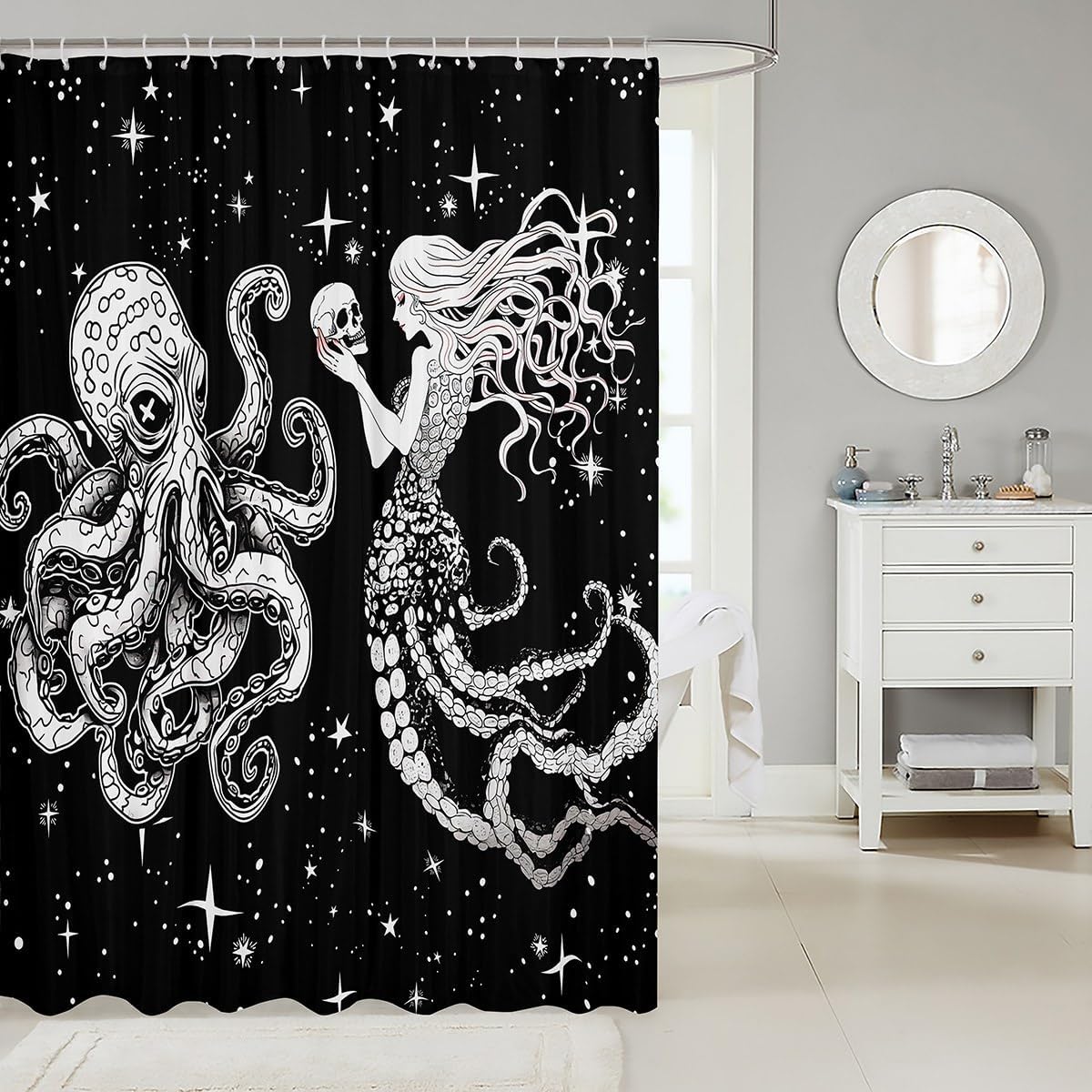 Erosebridal Galaxy Starry Octopus Mermaid Bath Curtain Set