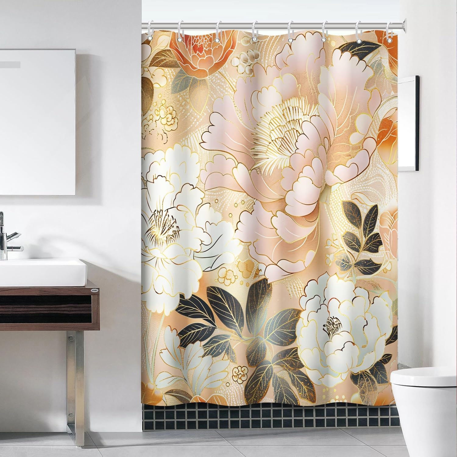 Pink and Gold Floral Shower Curtain Set