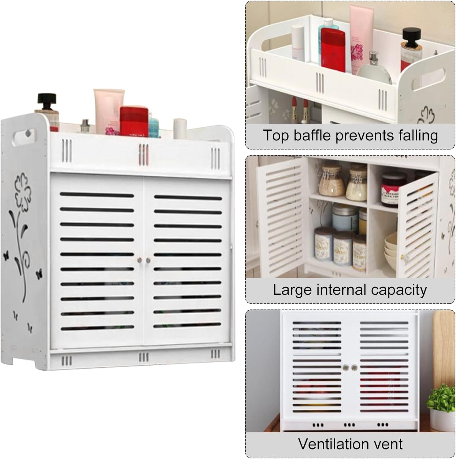 Bathroom Wall Cabinet with Multi-Grid Tiers and Hollow Flower Design