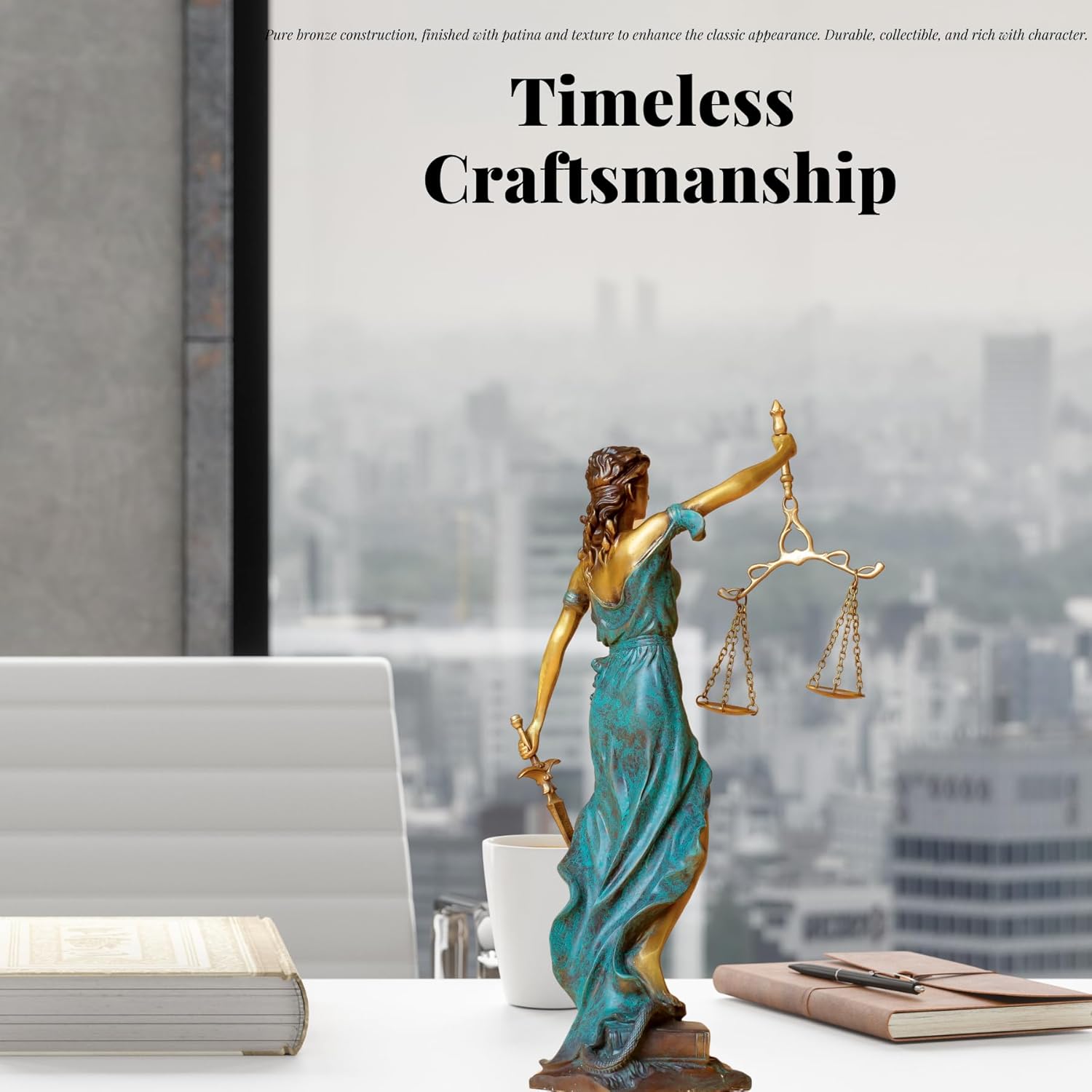 R REALONG Bronze Blind Justice Statue 11 Law Figure Office Desk Sculpture