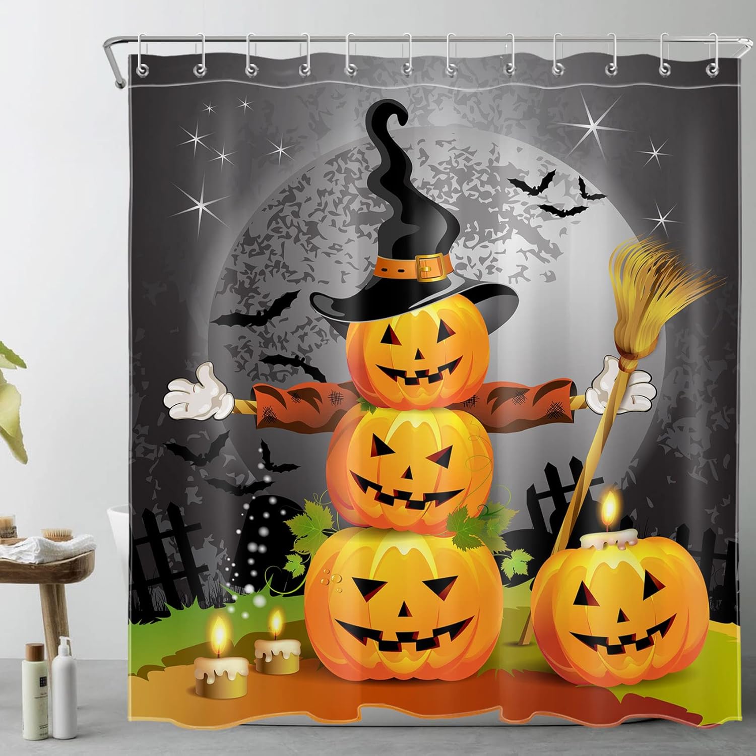 LB Halloween Pumpkin Magic Hat Ghost Broom Shower Curtain Set