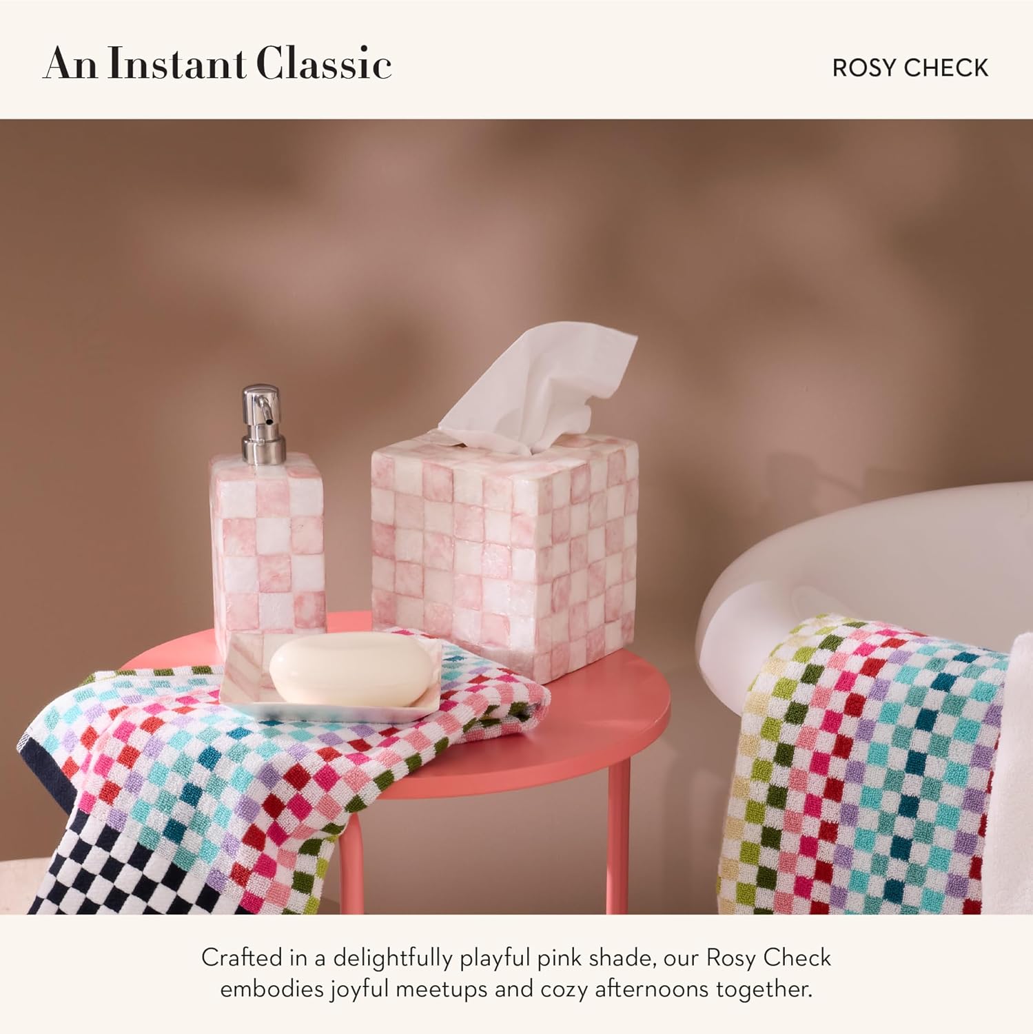MACKENZIE-CHILDS Square Capiz Tissue Box Cover Rosy Check Pink and White