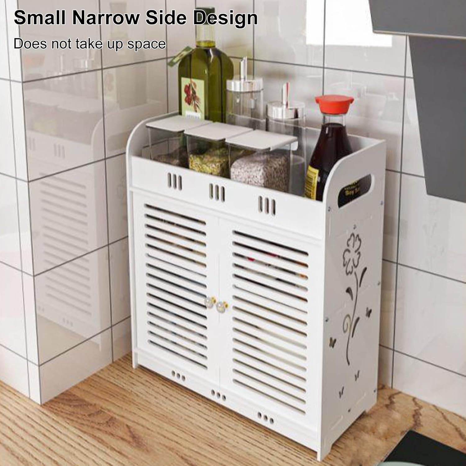 Bathroom Wall Cabinet with Multi-Grid Tiers and Hollow Flower Design