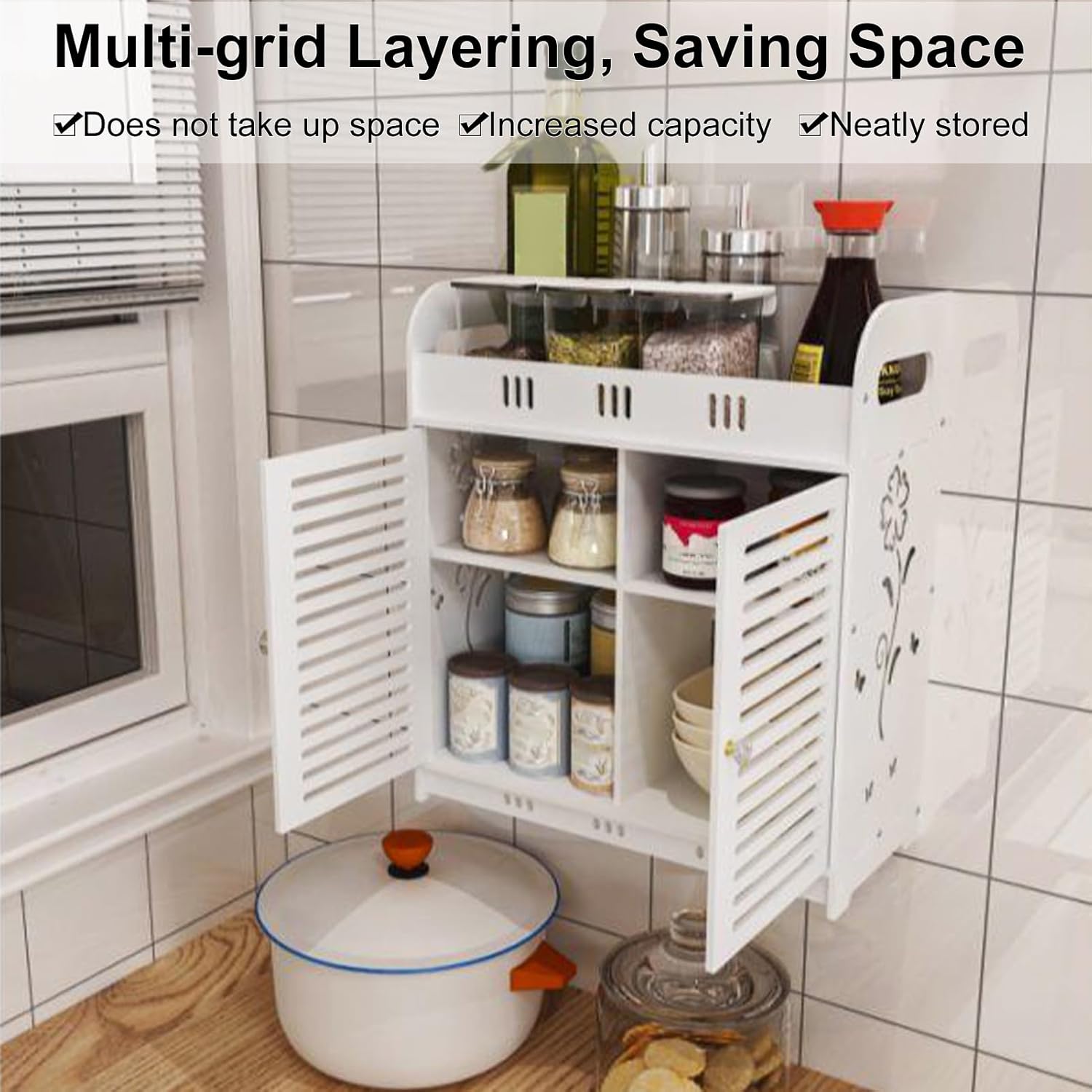 Bathroom Wall Cabinet with Multi-Grid Tiers and Hollow Flower Design