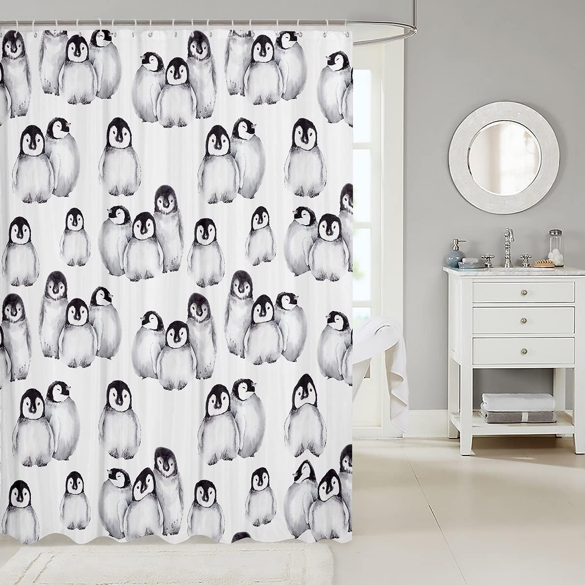 Erosebridal Penguin Bath Curtain Set Grey White Black 72x78