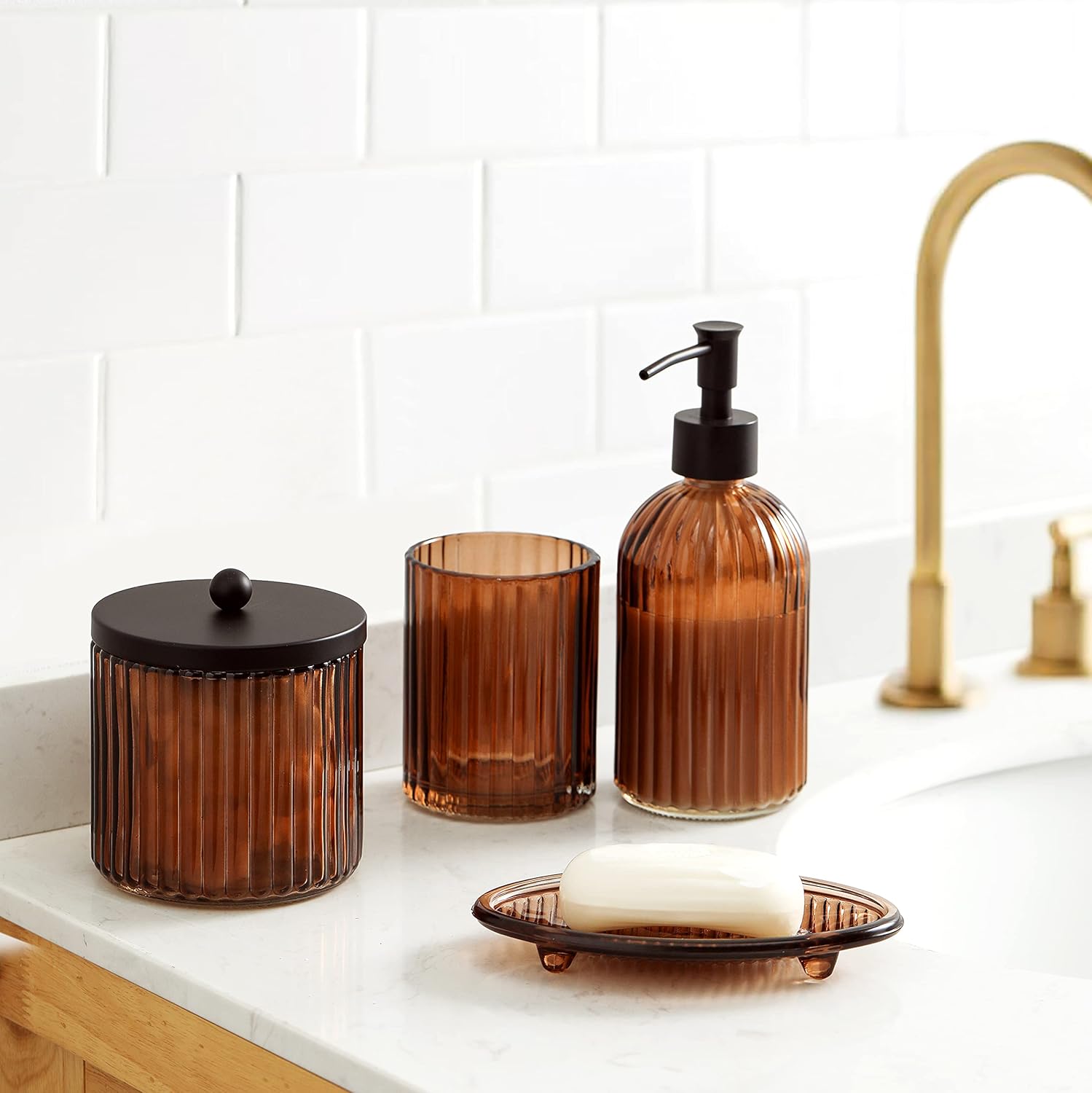 4PCS Heavy Duty Decorative Glass Bathroom Set - Brown