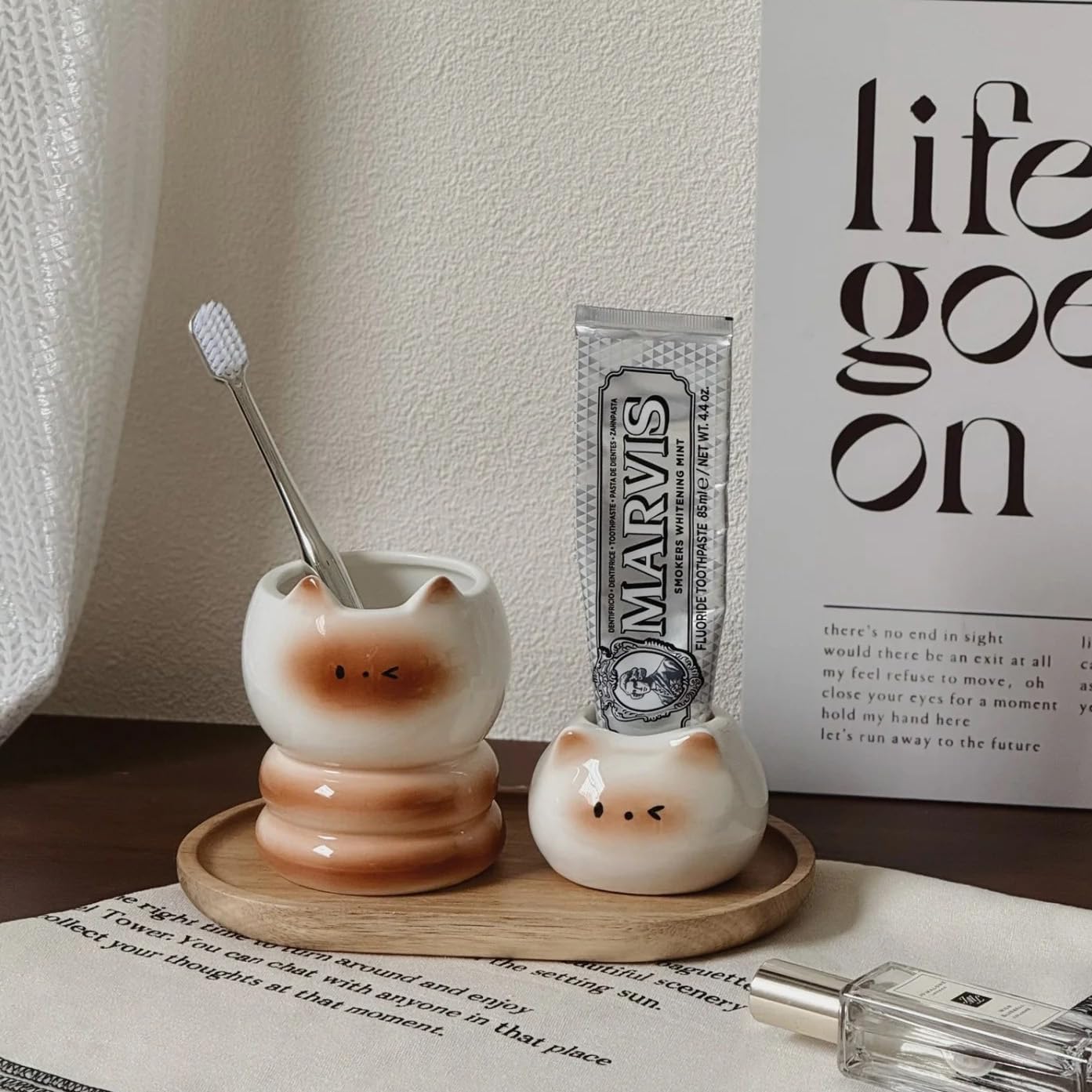 Ceramic Toothbrush Cup Holder - Cute Cat Shape White