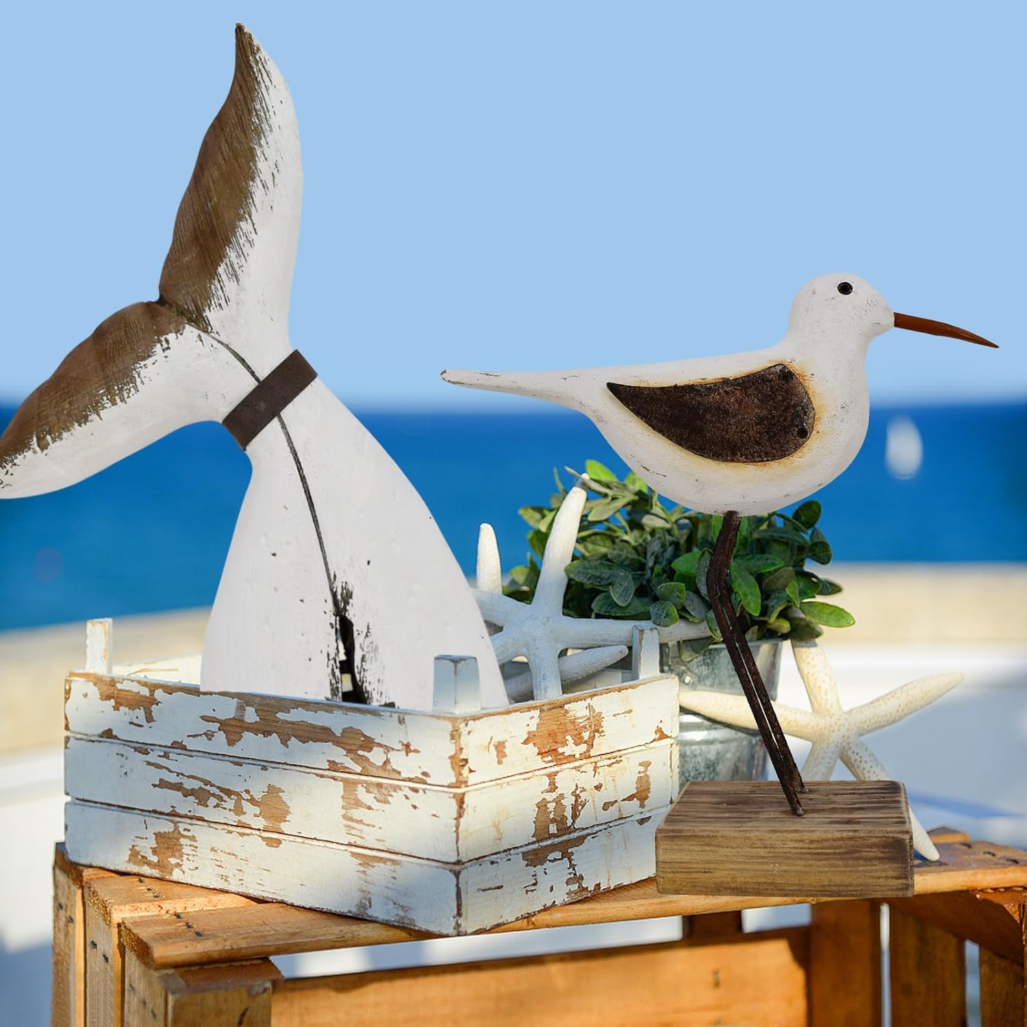Wood Seagull Statue Nautical Decor Coastal Bird Sculpture