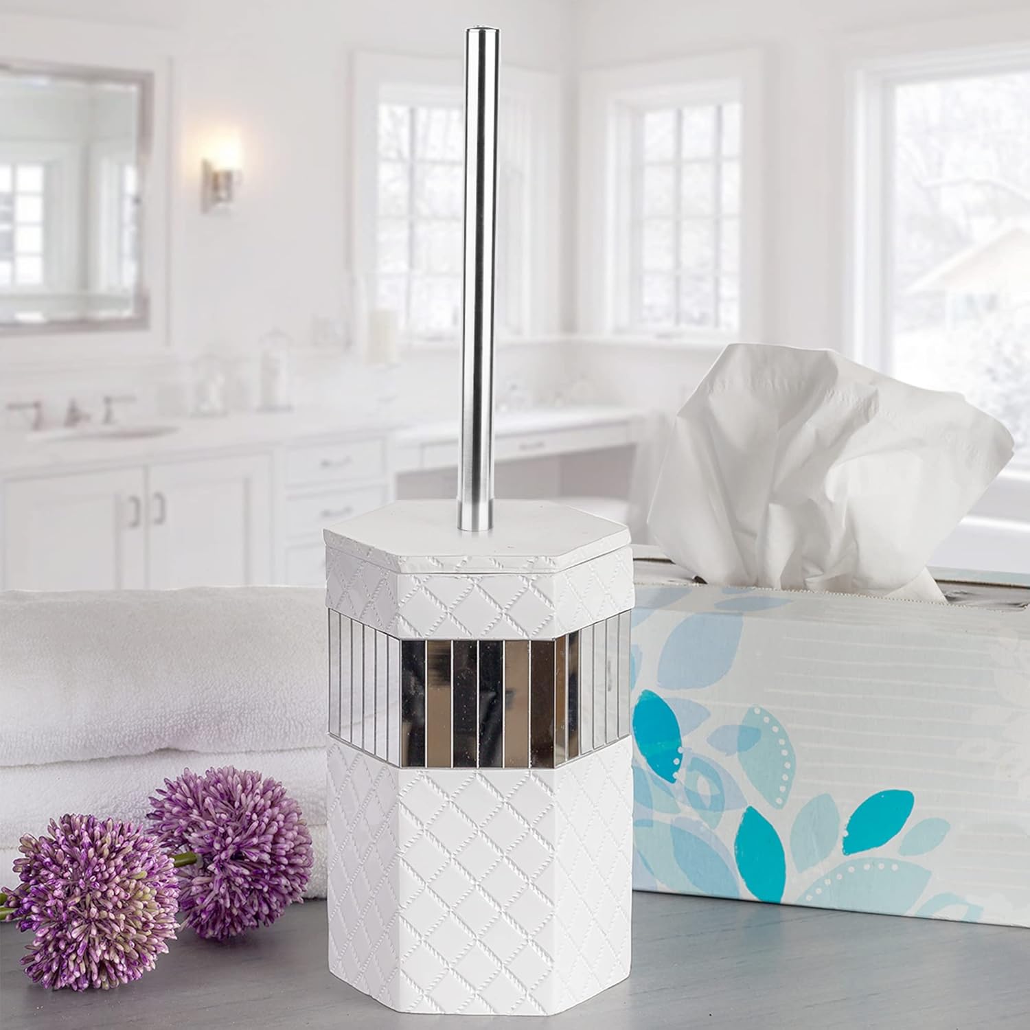 Creative Scents Quilted Mirror Toilet Brush Set - White with Holder