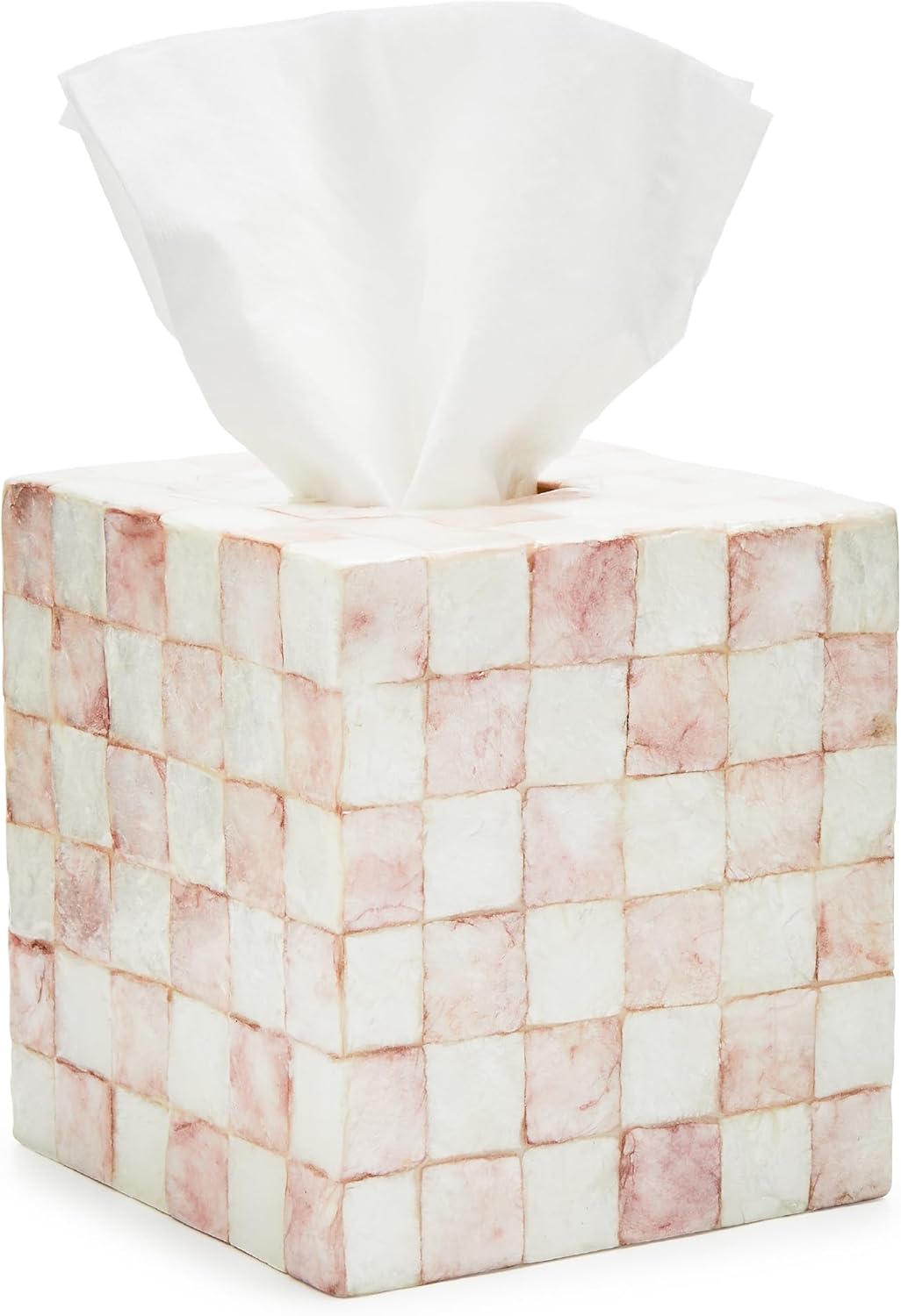 MACKENZIE-CHILDS Square Capiz Tissue Box Cover Rosy Check Pink and White