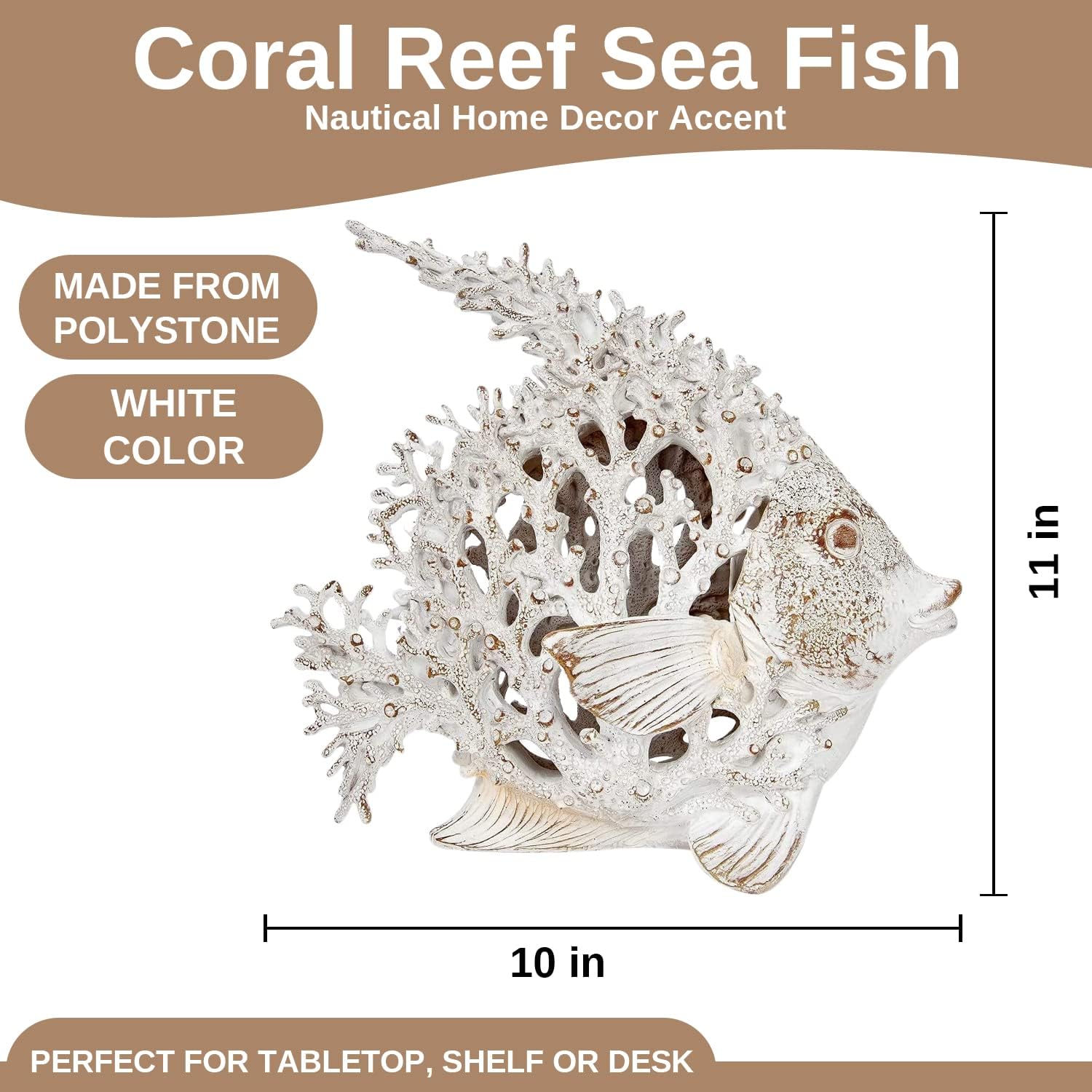 Ocean Decor White Coral Reef Angelfish Sculpture 12x11