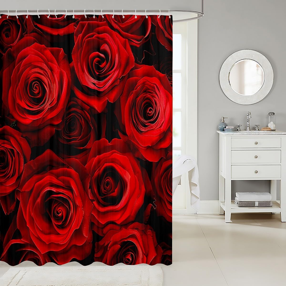Red Rose Ombre Black Floral Shower Curtain Set 72x78