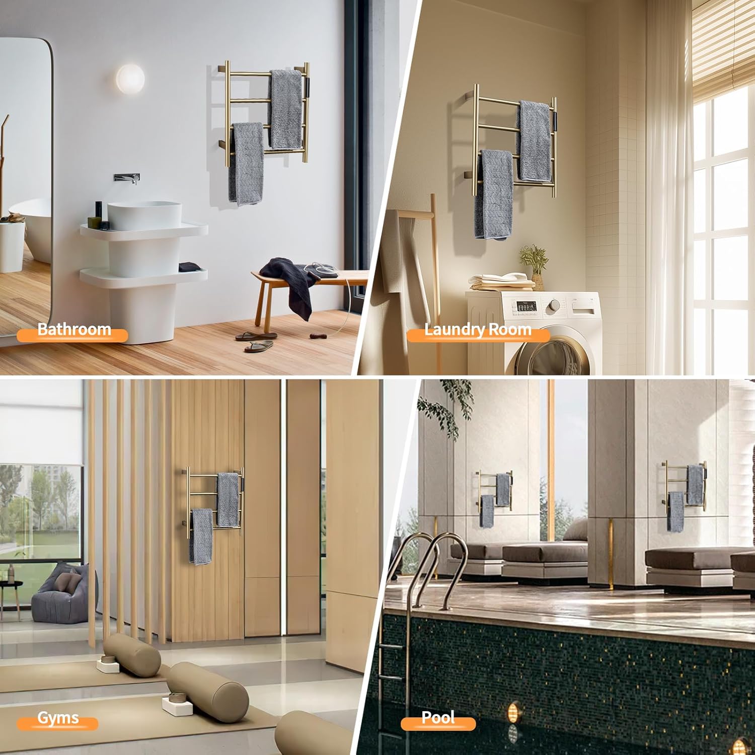 TRJIKAG Heated Towel Racks 4 Bars Electric Warm Towel Dryer Gold