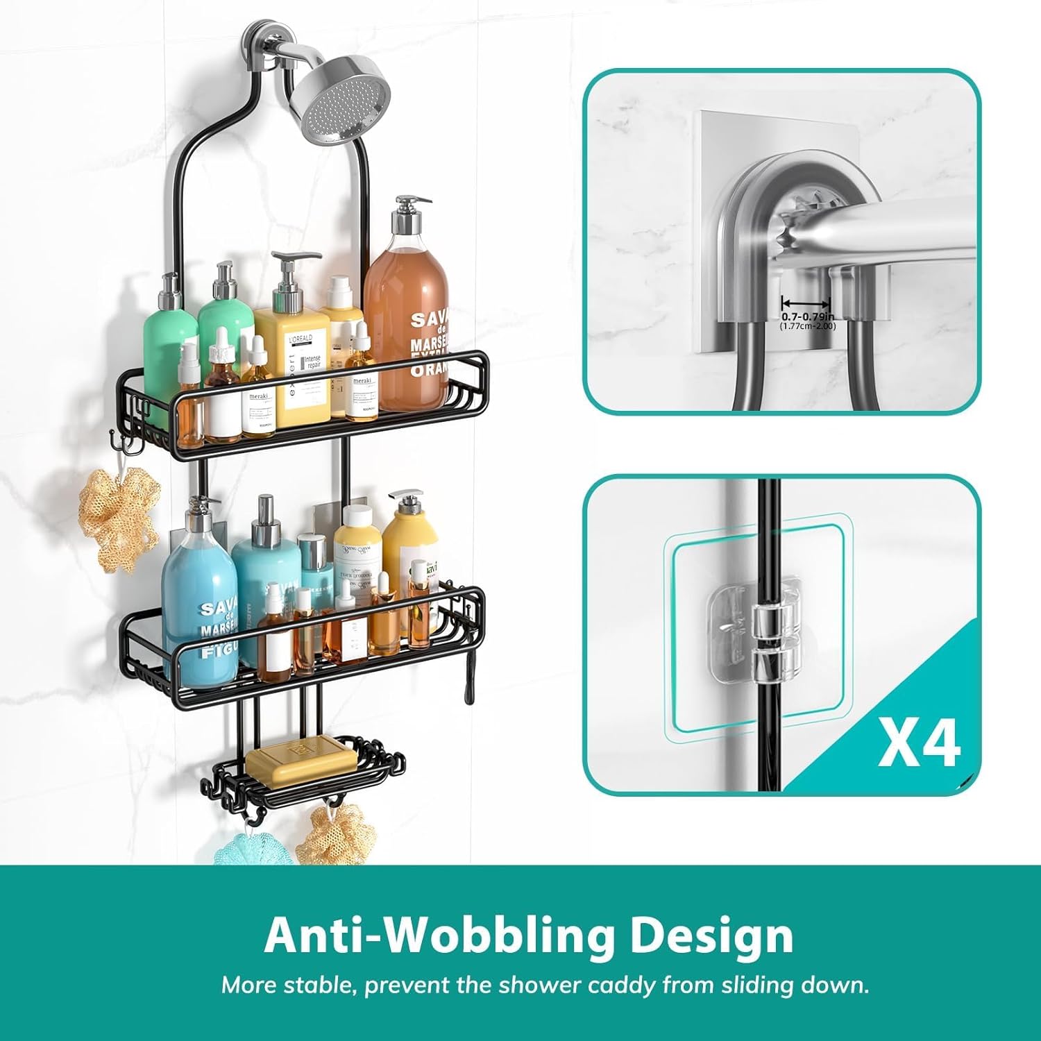 HAMITOR Adjustable Shower Caddy with 3-Tier Baskets and 4 Hooks - Black 1