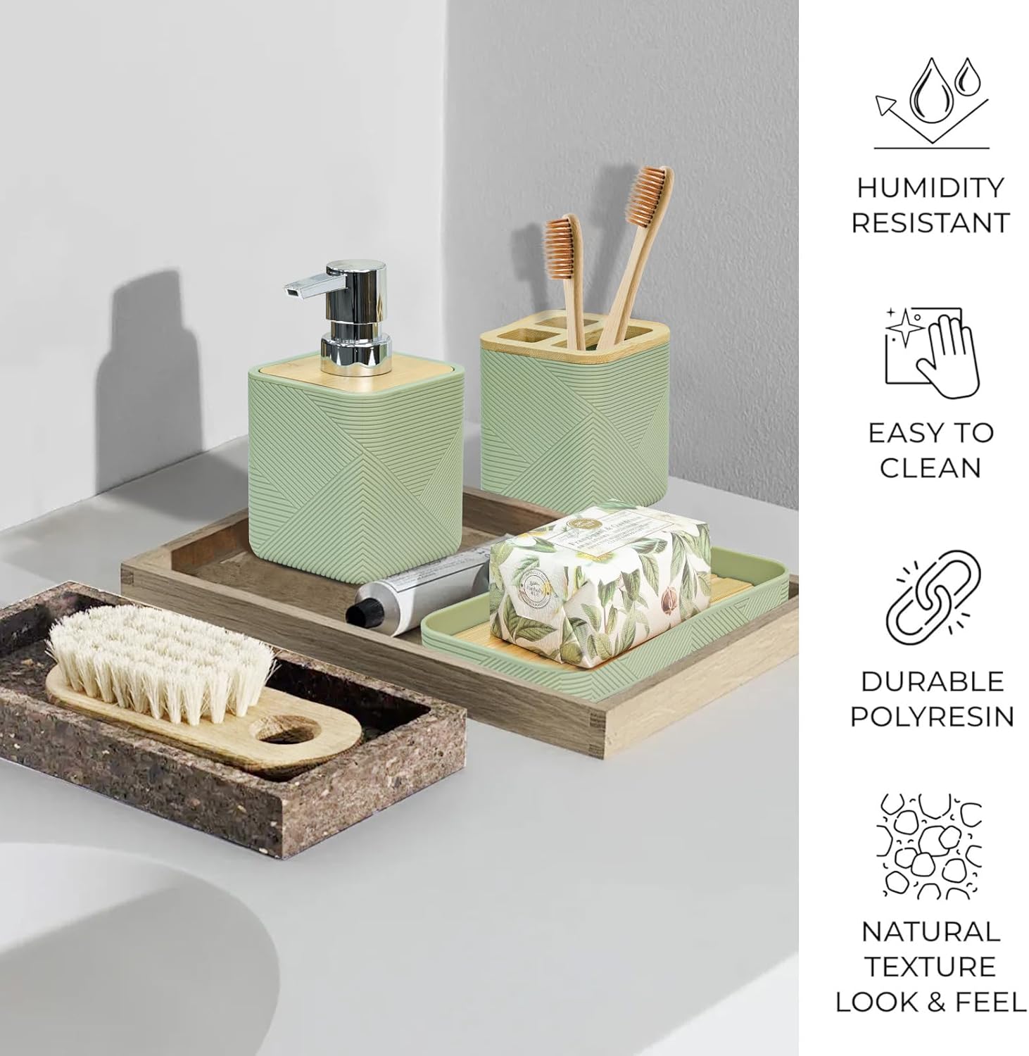 CERBIOR 6-Piece Bathroom Accessory Set Green Bamboo Style