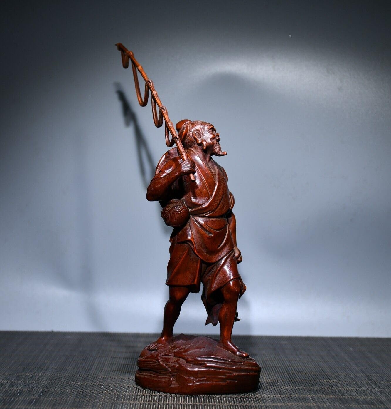Handcrafted Boxwood Fisherman Statue Meditating Home Decor