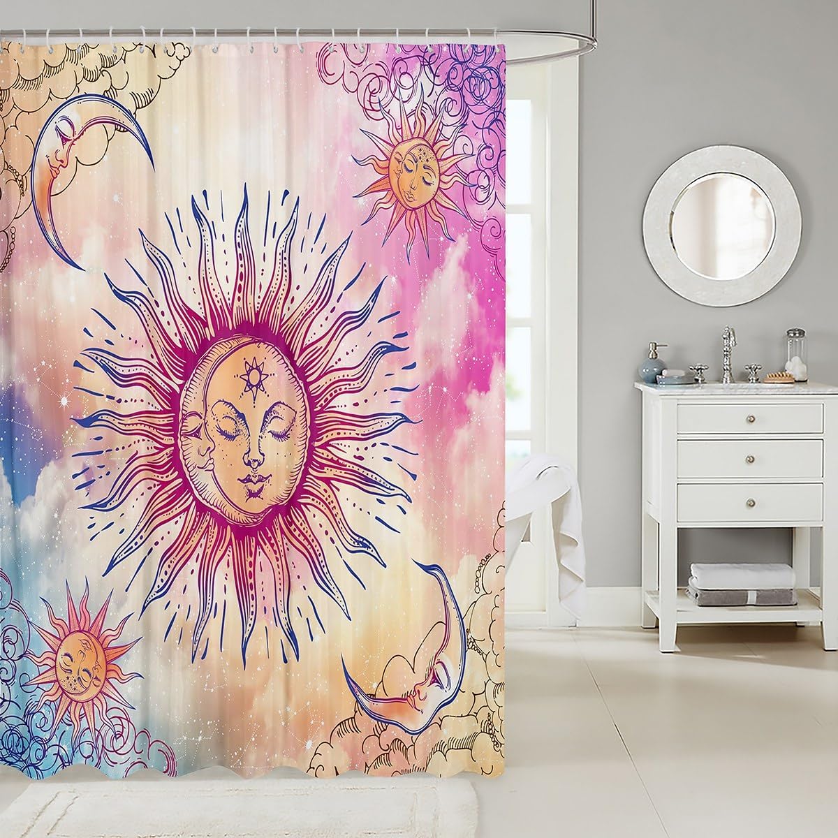 Sun And Moon Kawaii Shower Curtain Set
