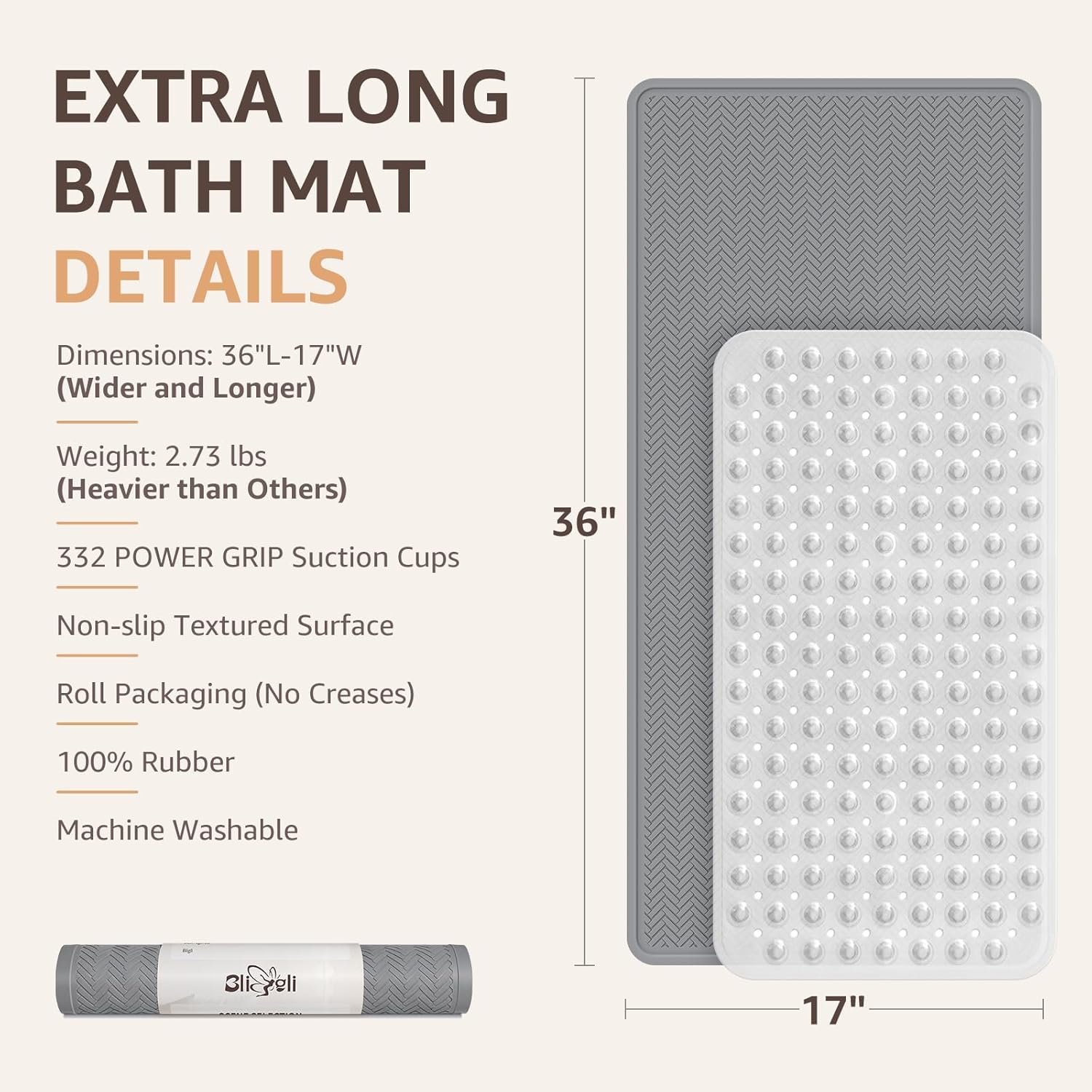 Bligli Heavy Duty Non-Slip Bathtub Mat - 36x17 Inches