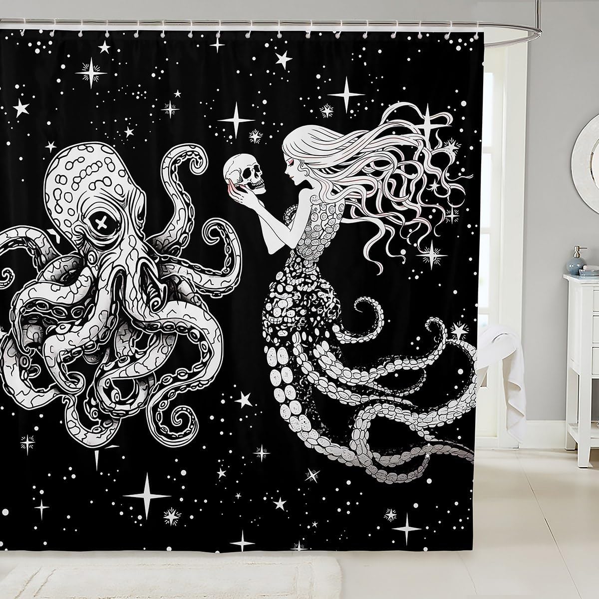 Erosebridal Galaxy Starry Octopus Mermaid Bath Curtain Set