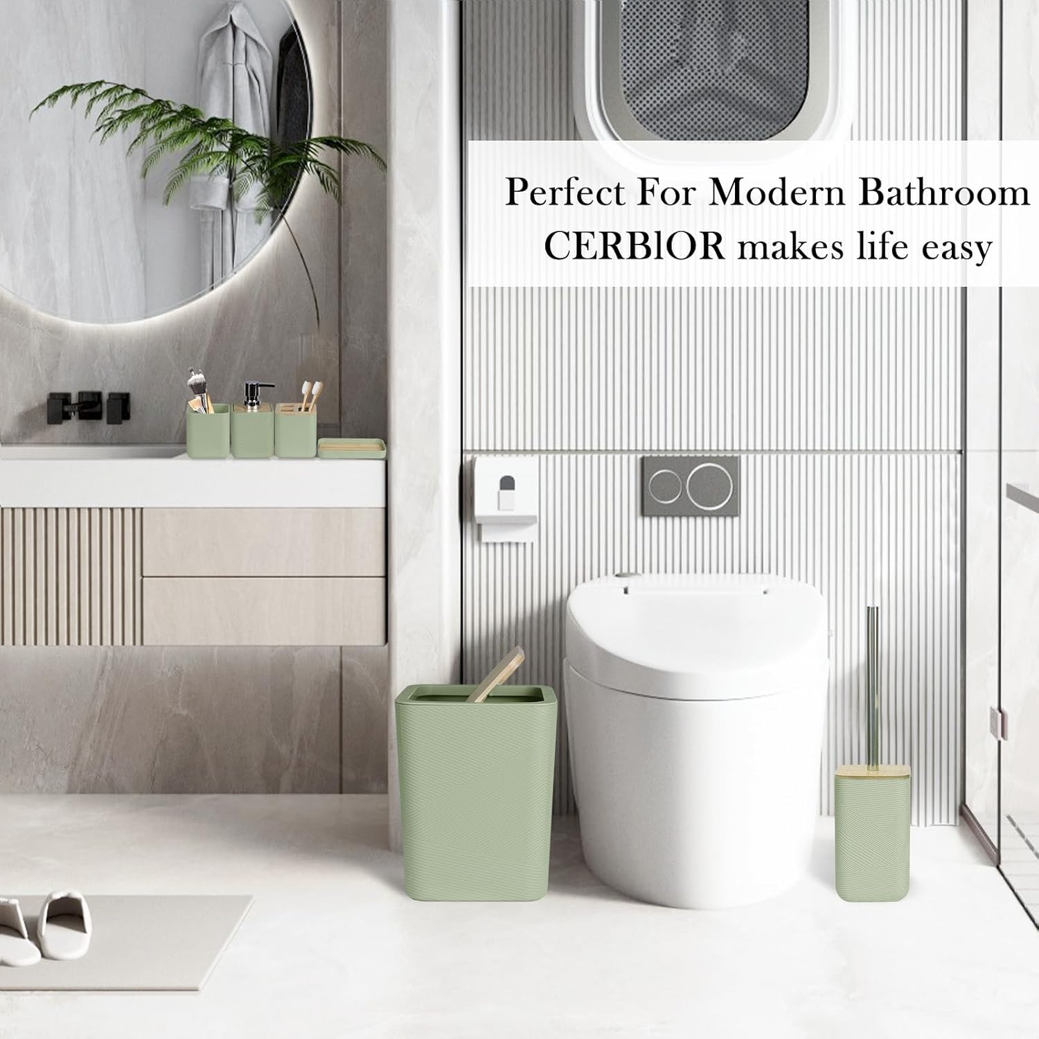 CERBIOR 6-Piece Bathroom Accessory Set Green Bamboo Style