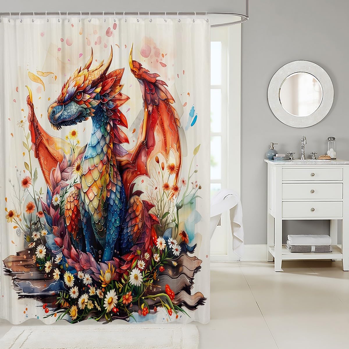 Erosebridal Colorful Flower Dragon Shower Curtain Set