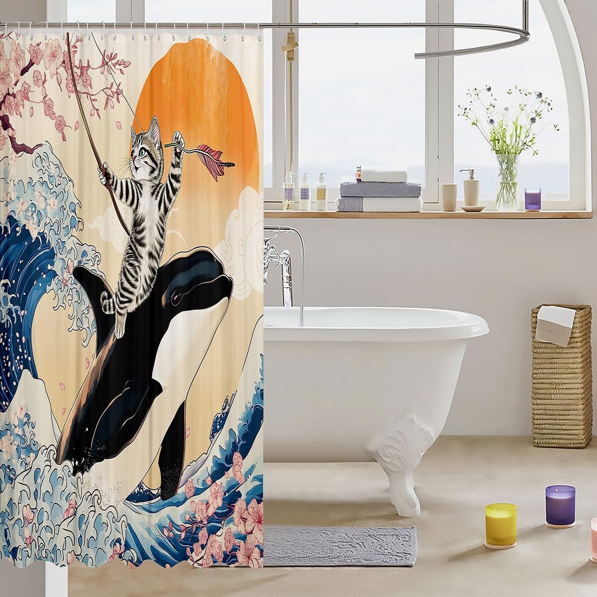 Funny Cat Shower Curtain with Cherry Blossoms Pattern