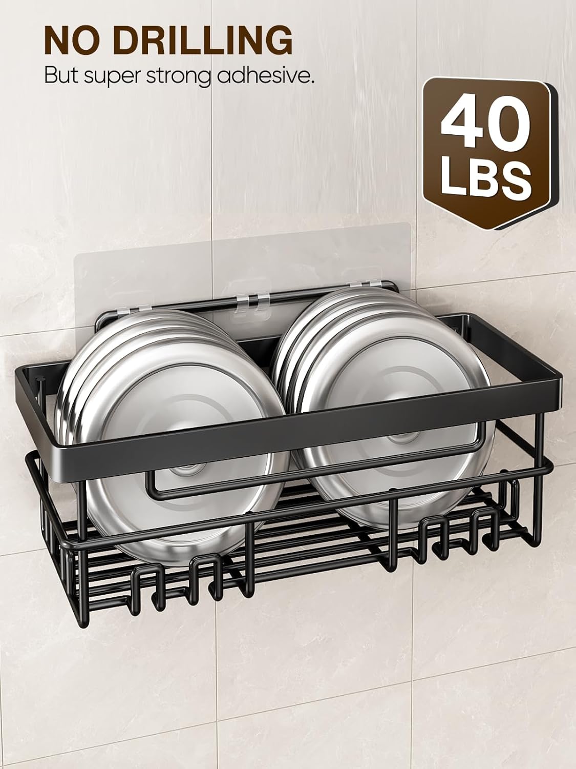 Cobbe 5-Pack Adhesive Shower Caddy with Soap Toothbrush Holder Black