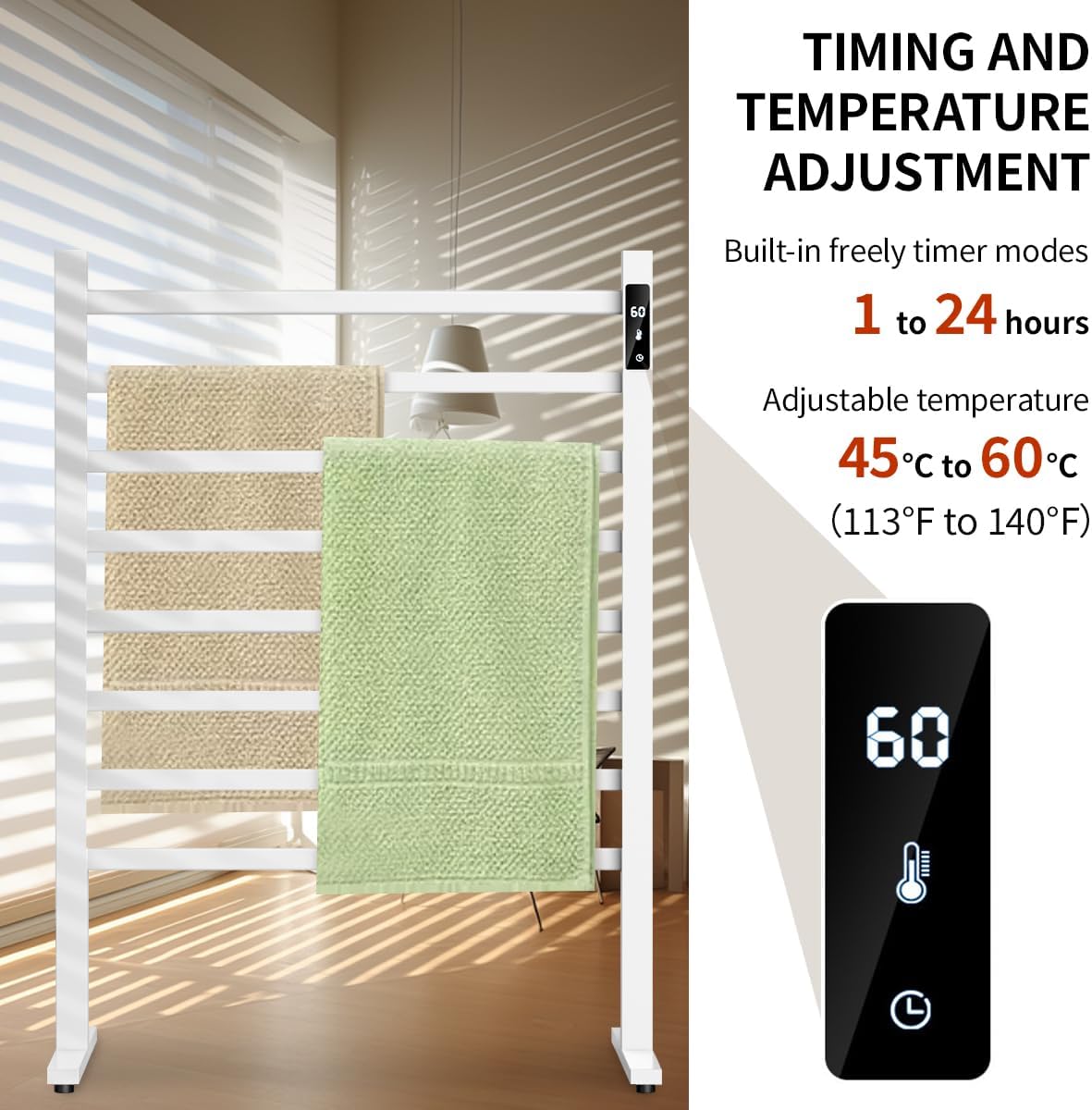 ZrgGea Freestanding Heated Towel Rack with Timer and Temperature Control
