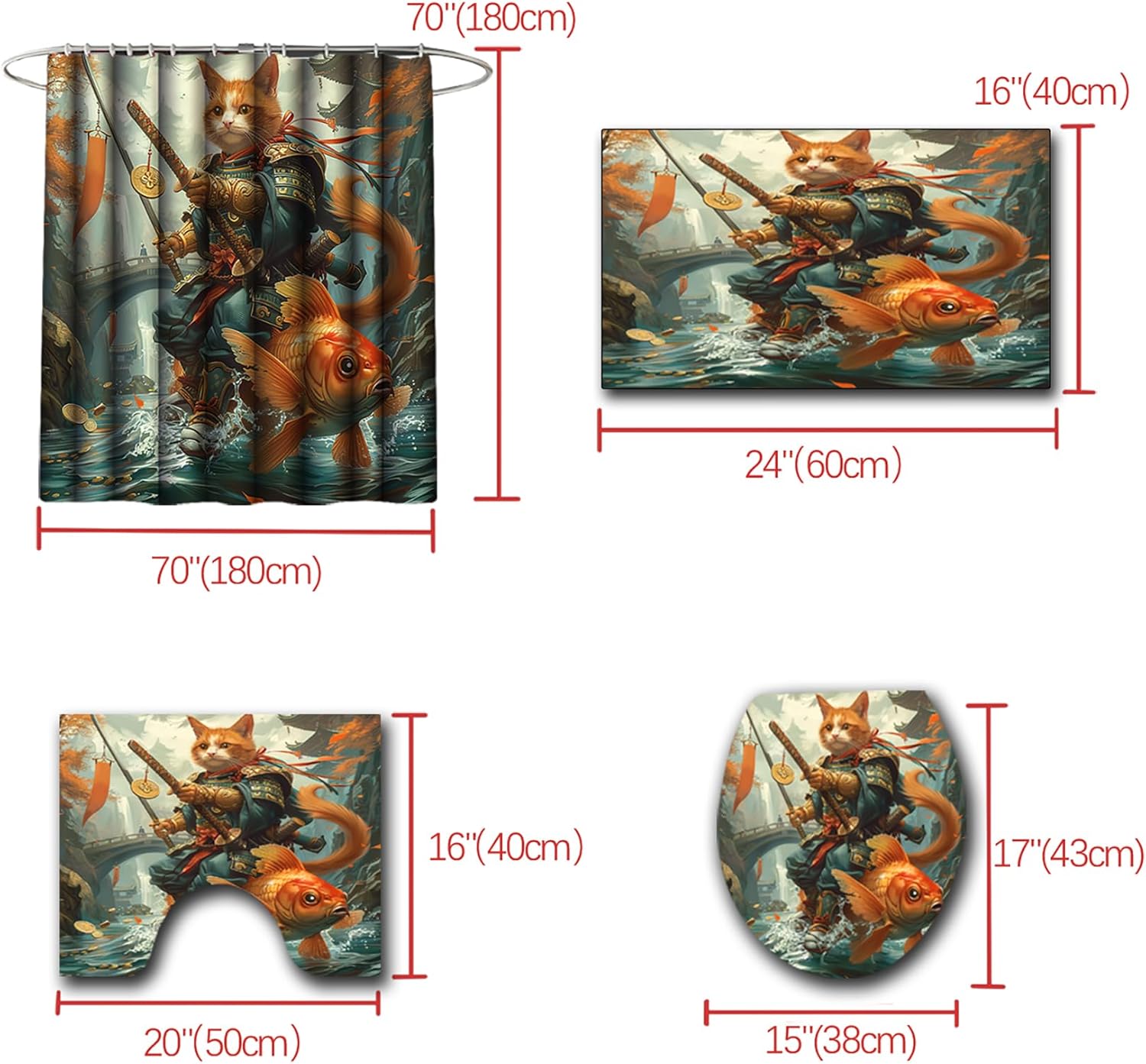 CDIWIDH Funny Cat Riding Fish Shower Curtain Set 4 Pcs 1