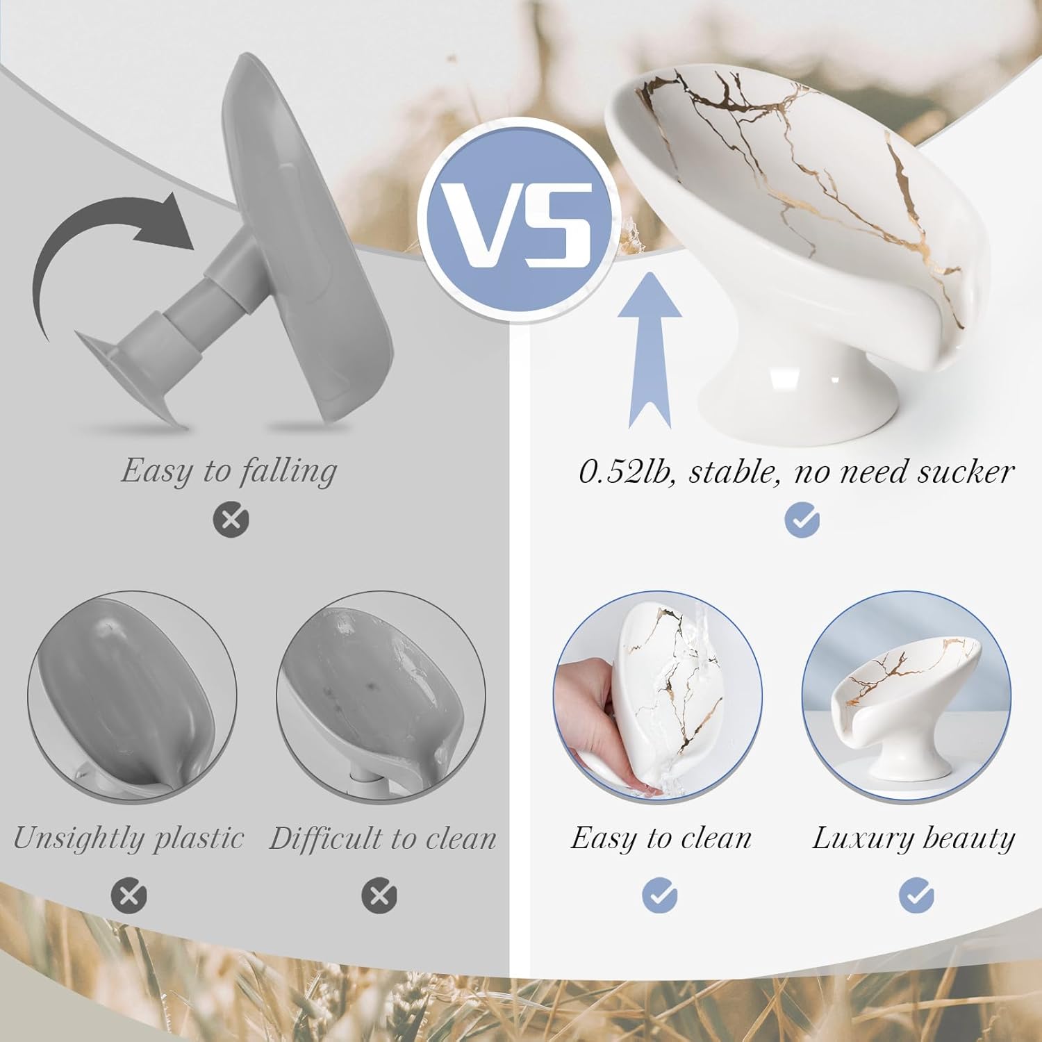 Self Draining Leaf Shape Ceramic Soap Dish with White Gold Marble Pattern