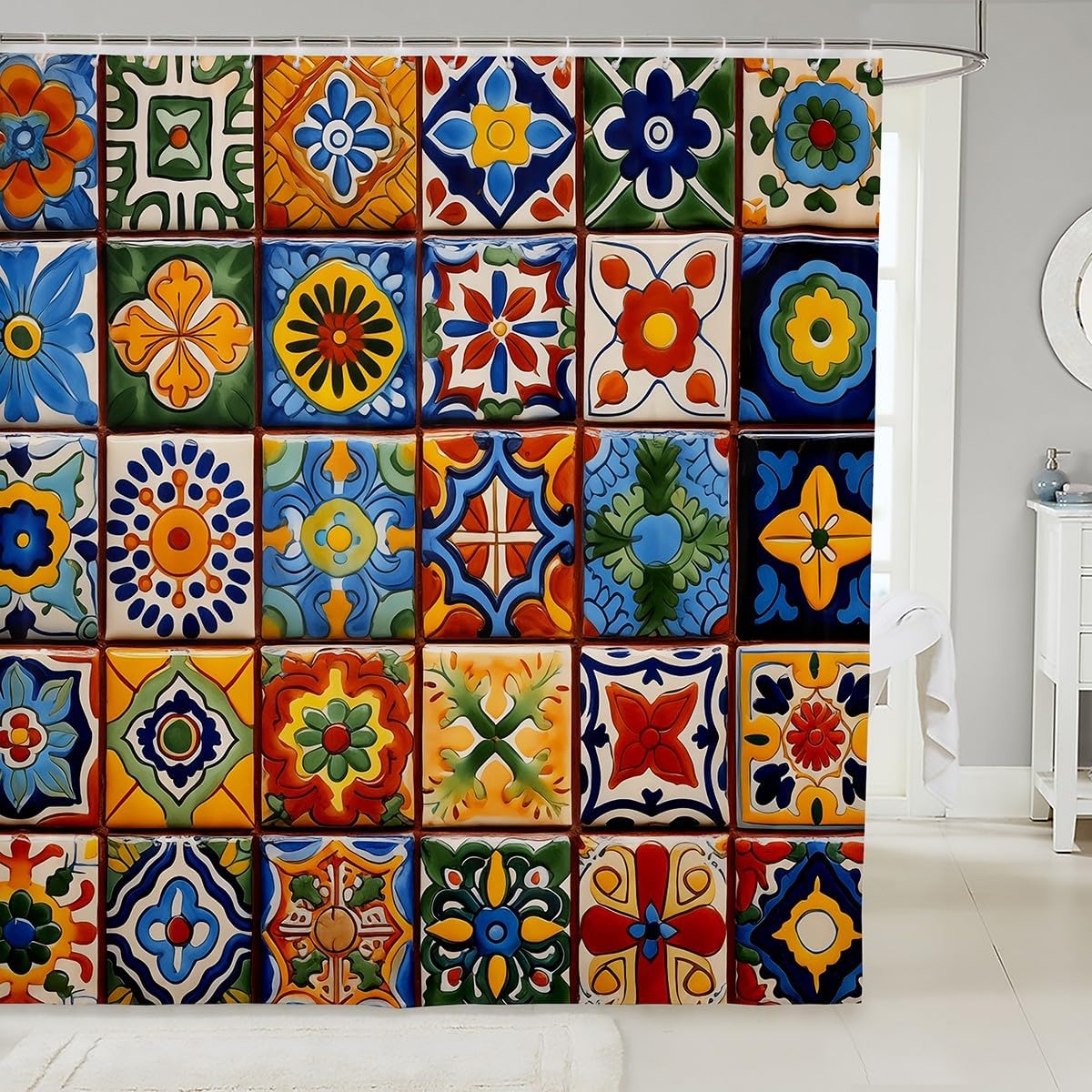 Erosebridal Mexican Talavera Tile Shower Curtain Set
