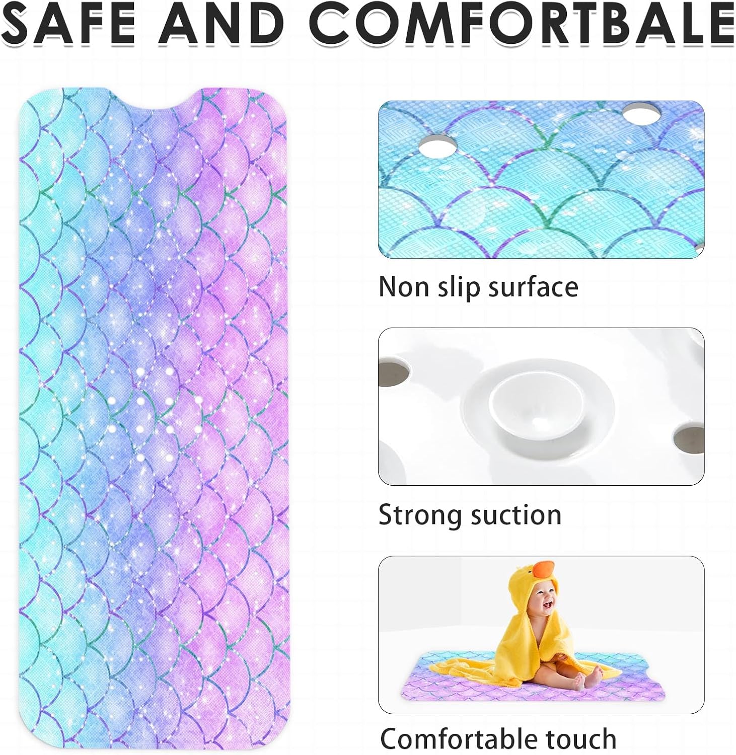 Culudea Pink Blue Mermaid Bathtub Mat 40X16 Inch Non-Slip