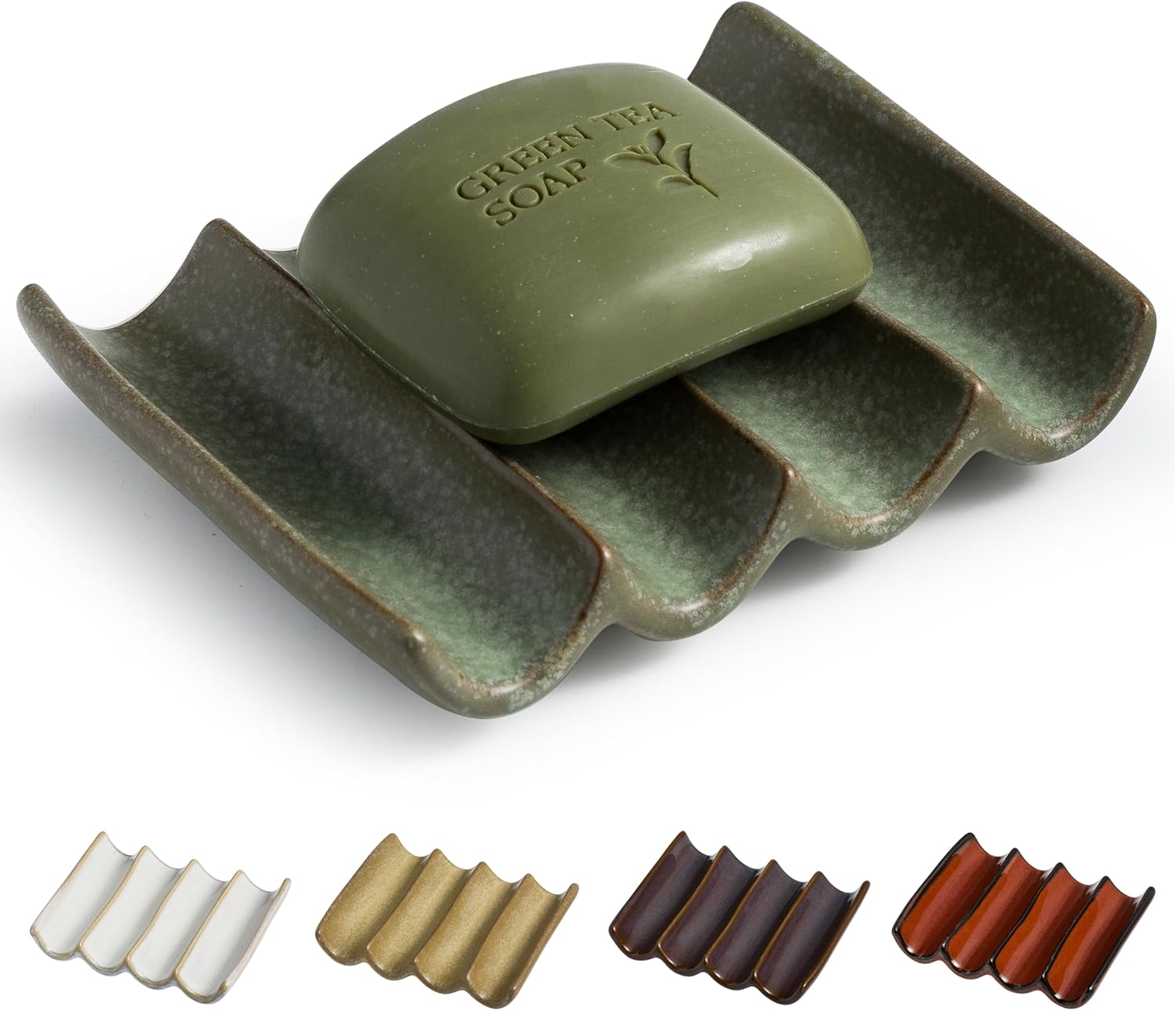 Cormomu Draining Ceramic Soap Dish - Fluted Design Green