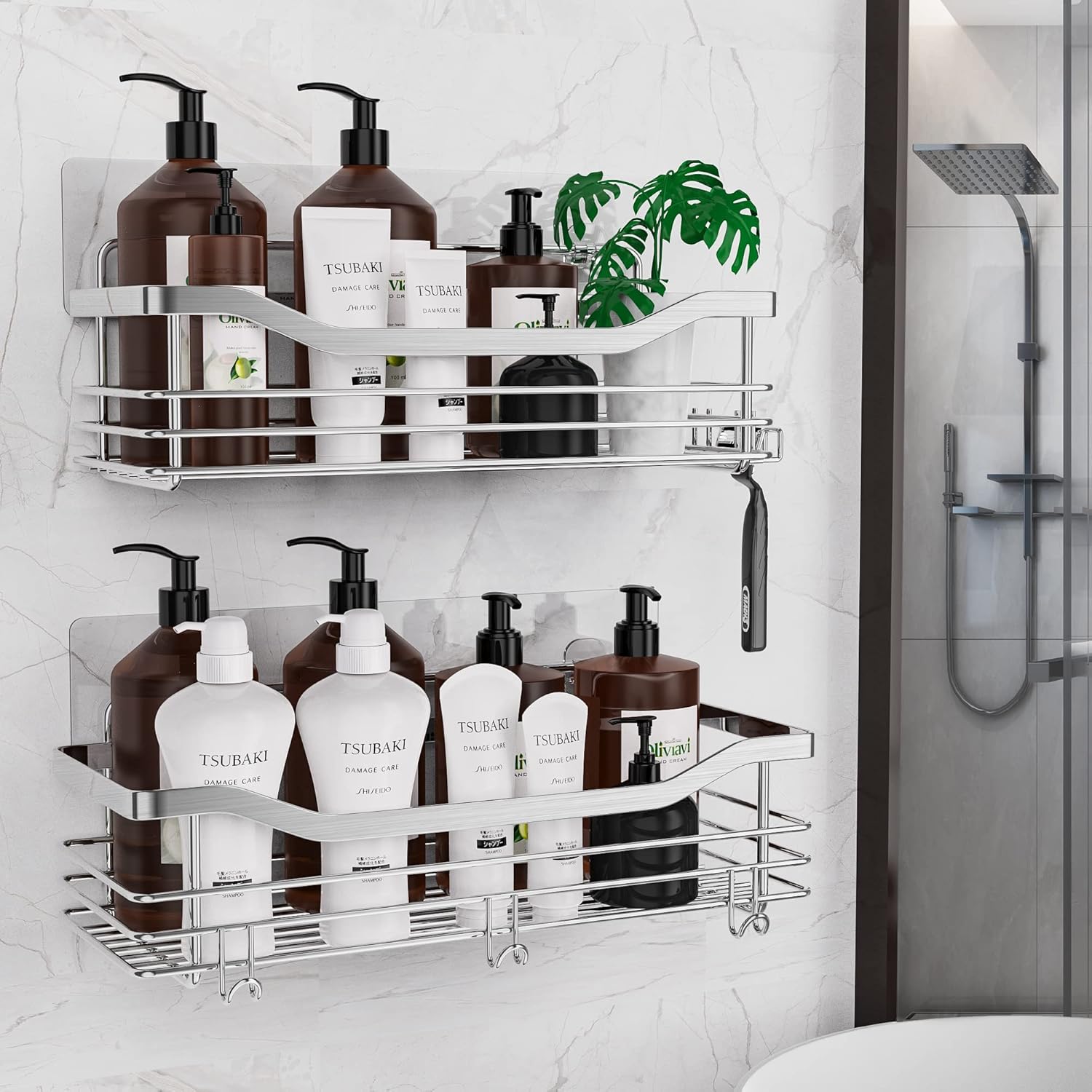 Orimade 2-Pack Shower Caddy with 5 Hooks and Adhesive