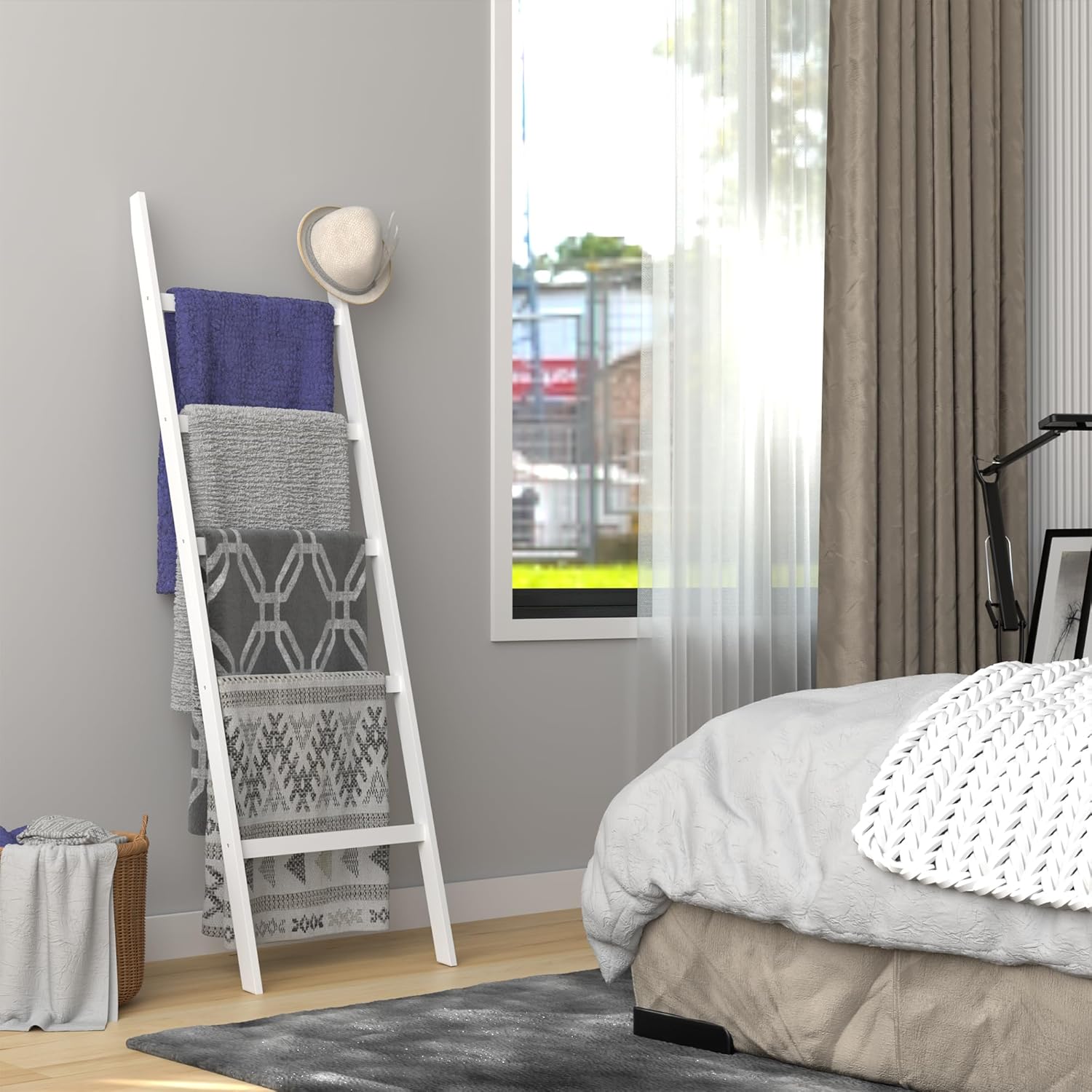 POXAKA 5-Tier Bamboo Blanket Ladder with White Lacquer