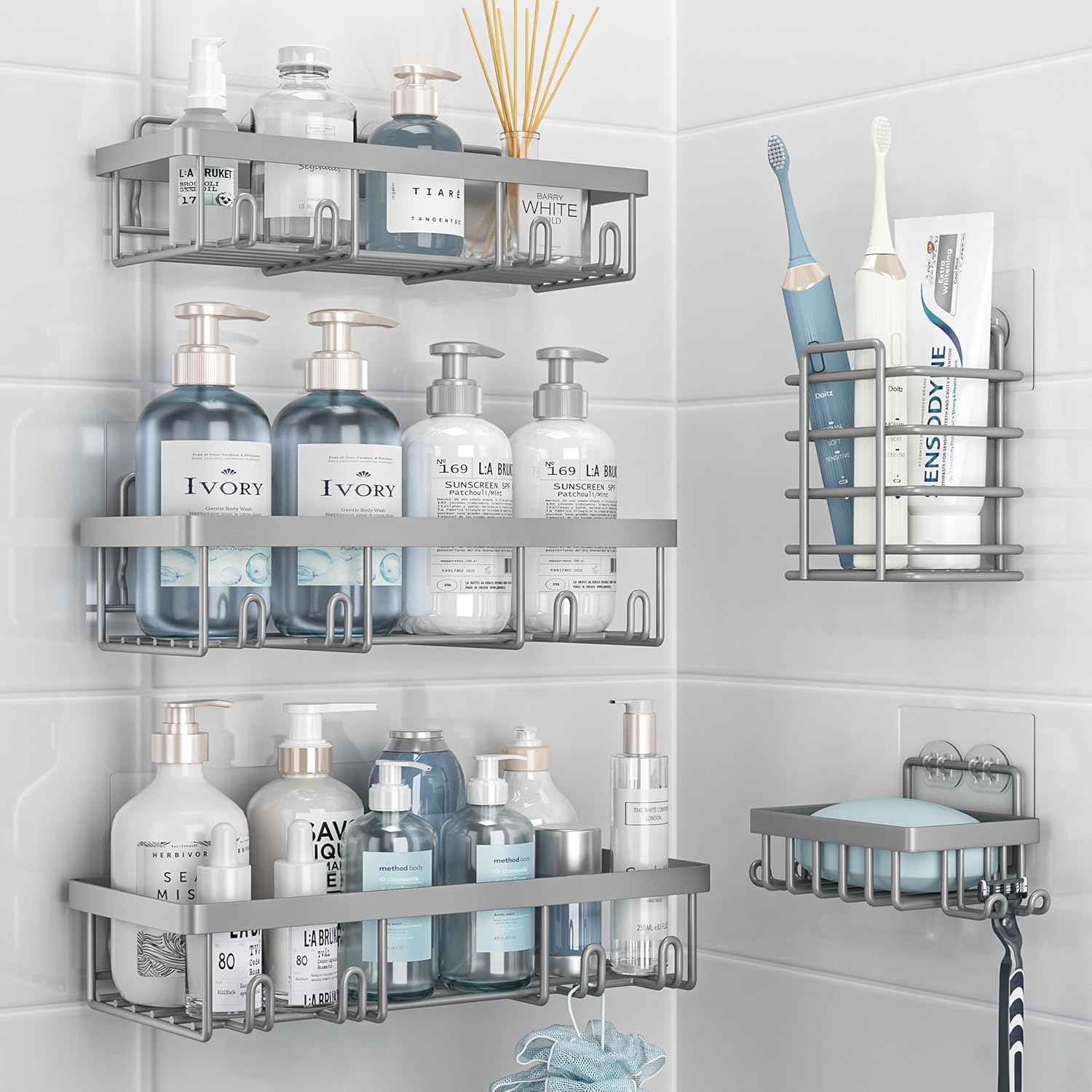 Liuoud 5 Pack Shower Caddy Organizer with Durable Stainless Steel and Strong Adhesive