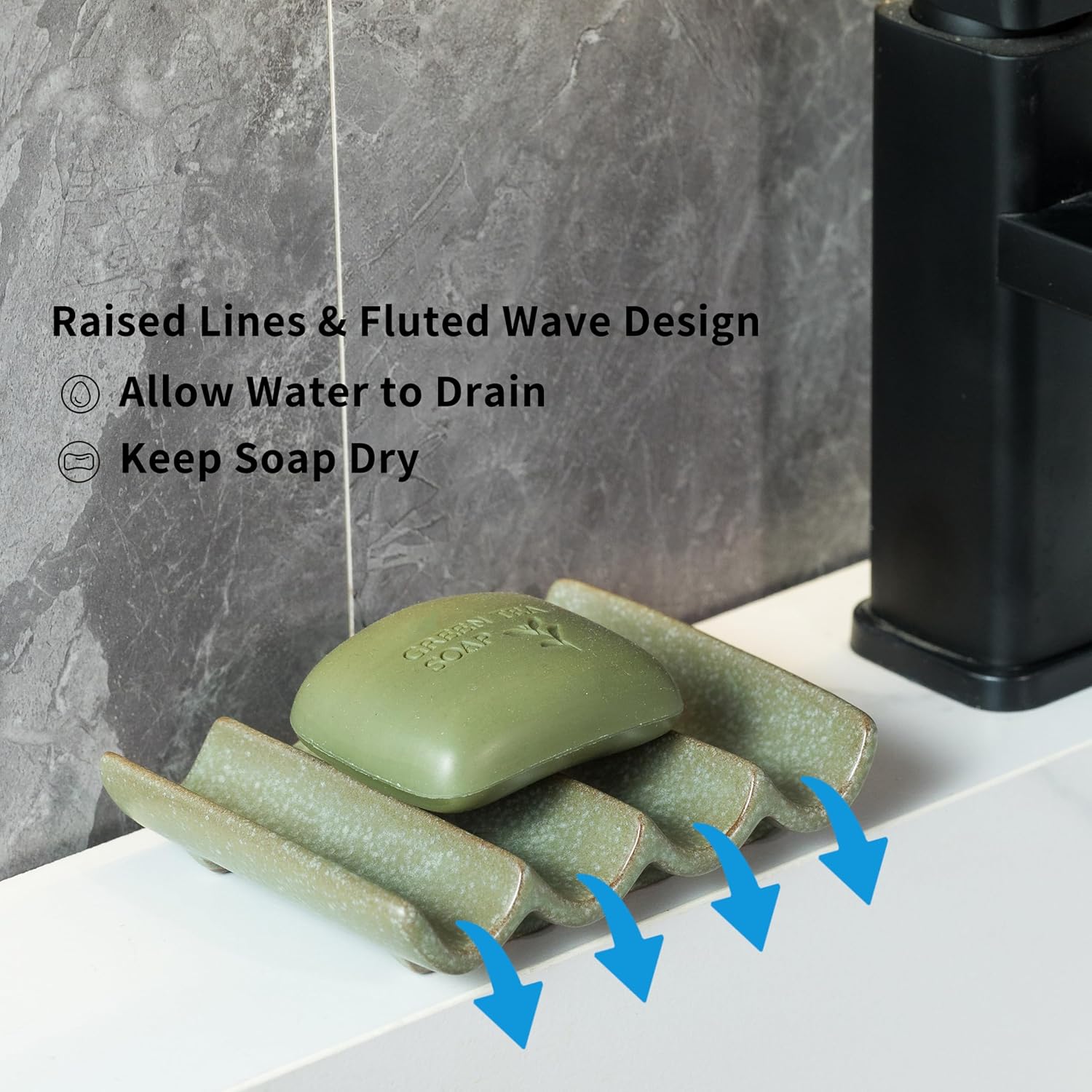 Cormomu Draining Ceramic Soap Dish - Fluted Design Green