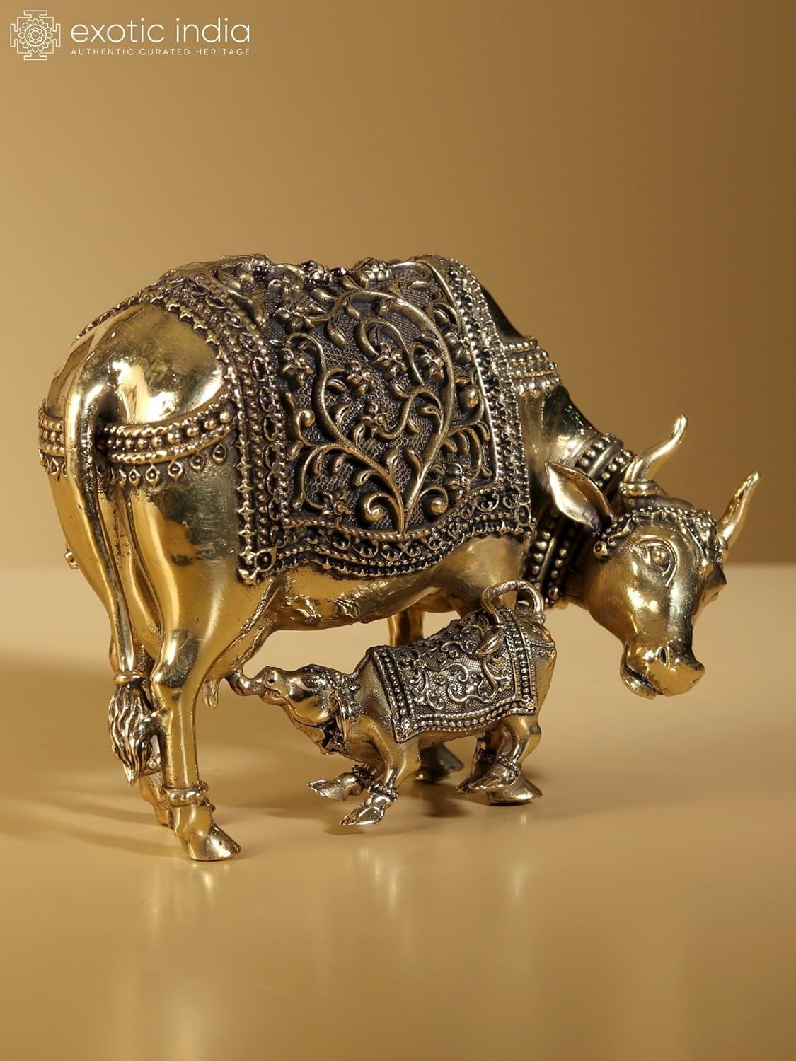Exotic India Superfine Kamdhenu Cow Calf Brass Statue 1
