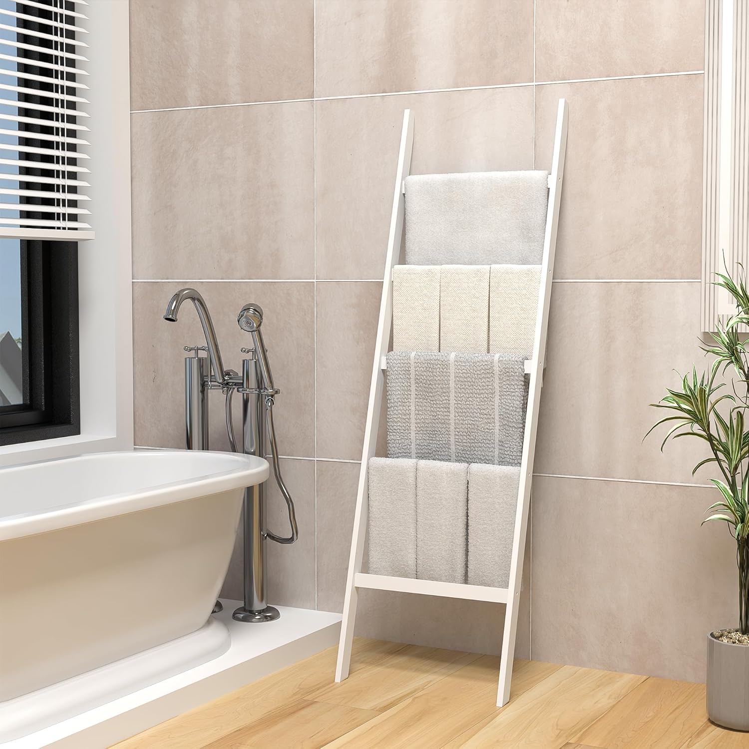 POXAKA 5-Tier Bamboo Blanket Ladder with White Lacquer