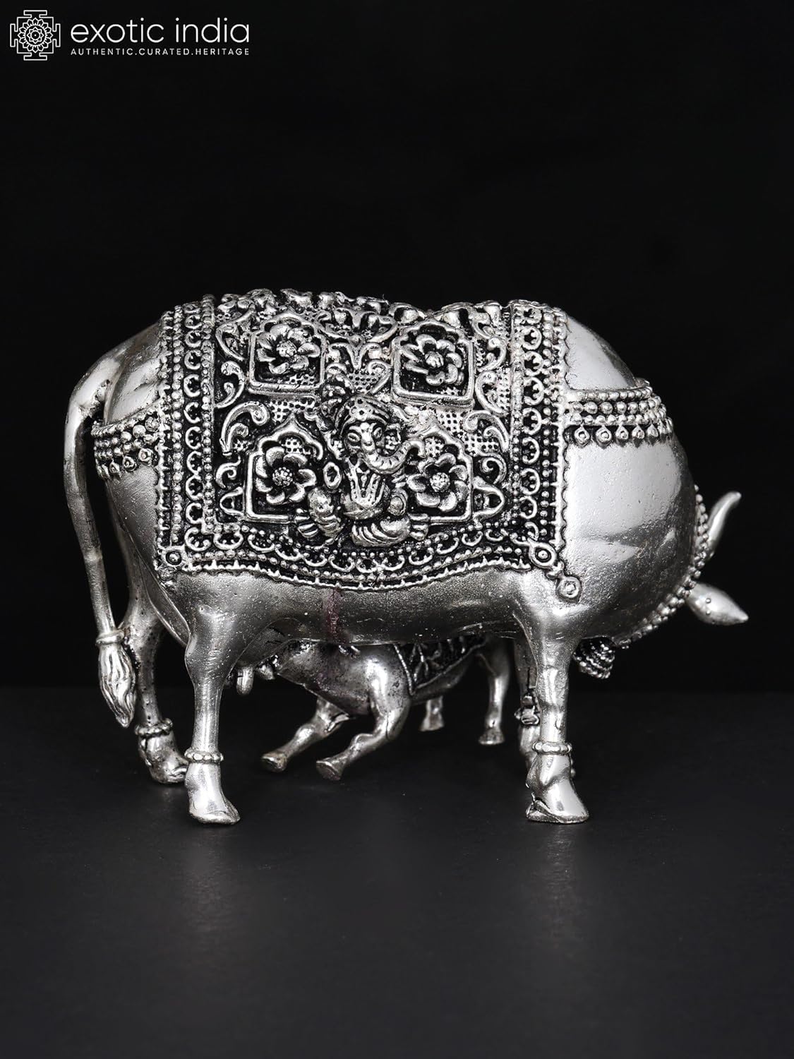 Exotic India Small Superfine Brass Kamdhenu Cow Statue with Lakshmi-Ganesha Carving