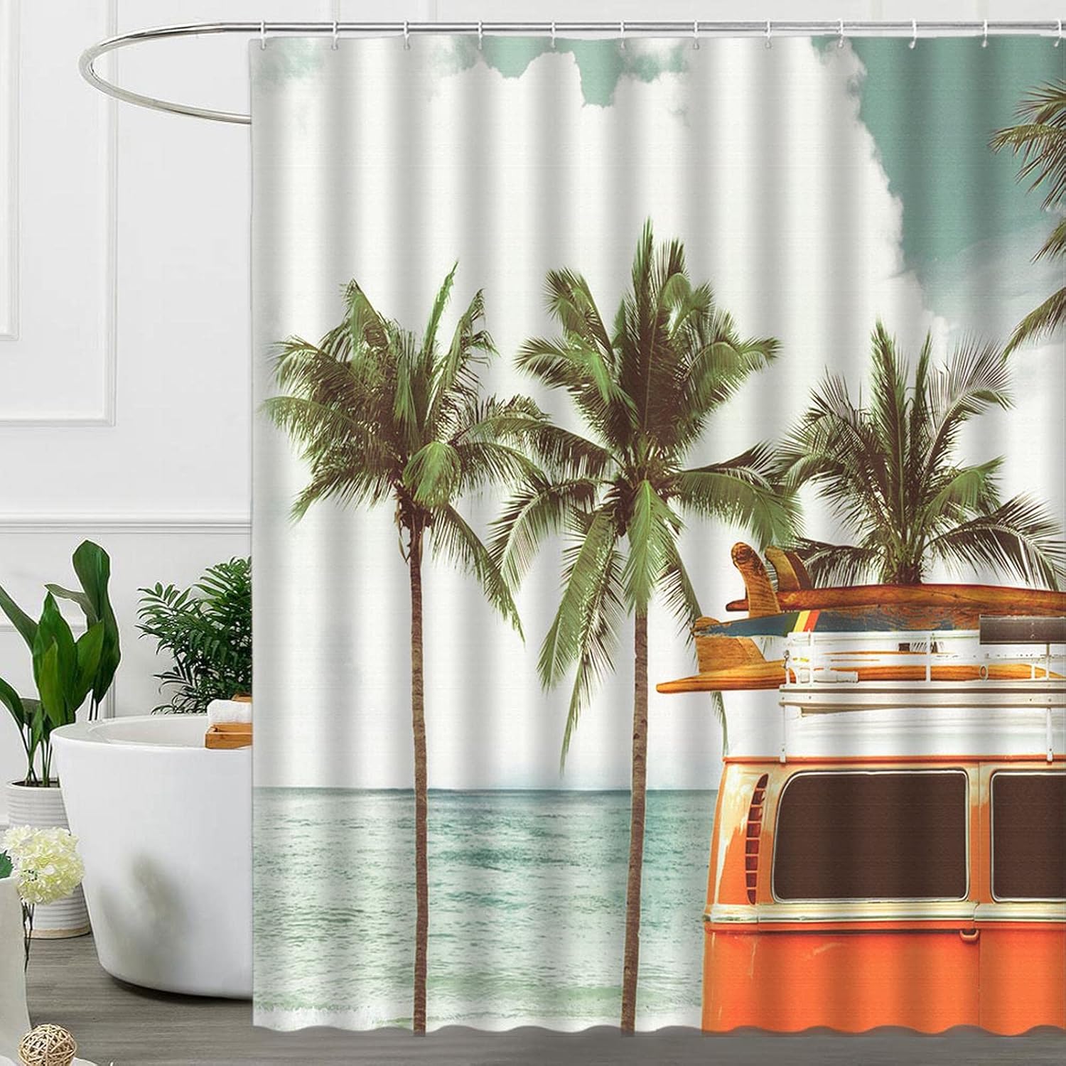 Retro Tropical Palm Tree Surfboard Shower Curtain with Hooks 59x70