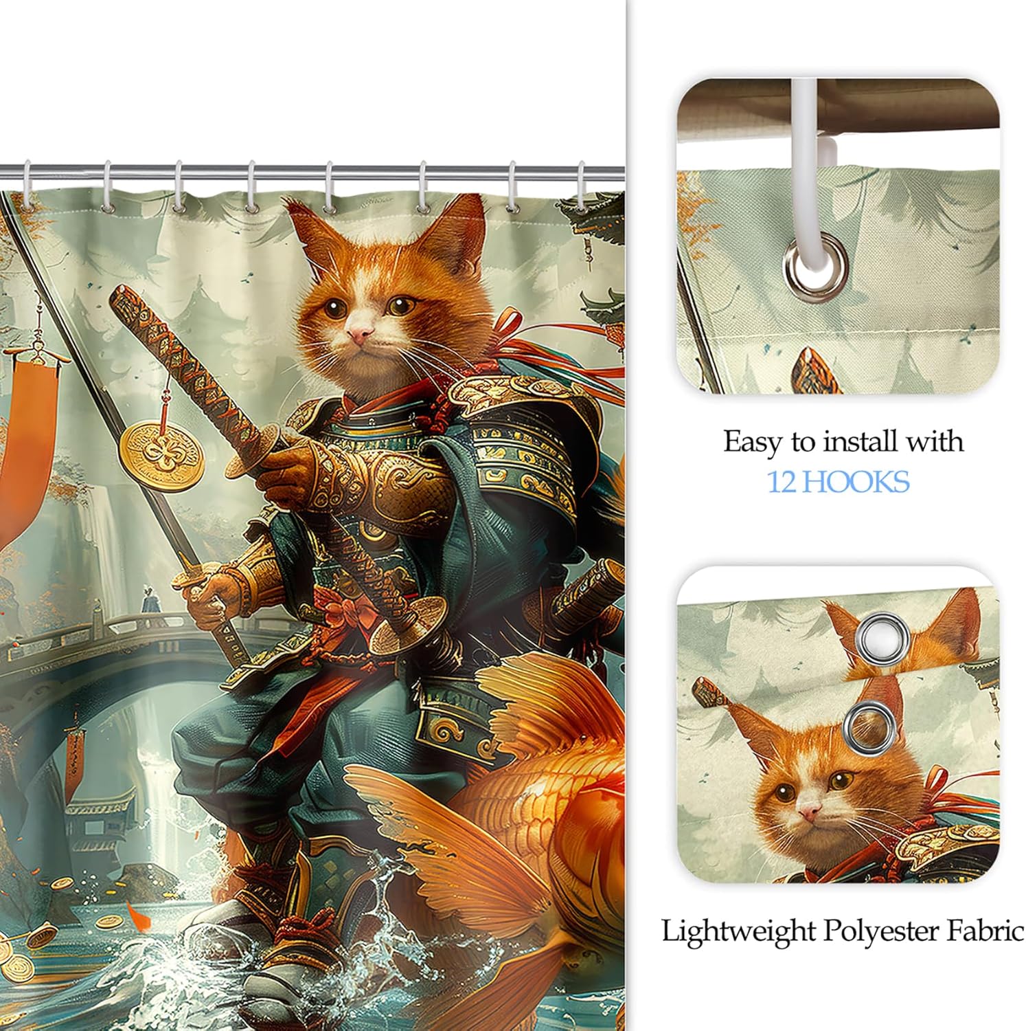 CDIWIDH Funny Cat Riding Fish Shower Curtain Set 4 Pcs 1