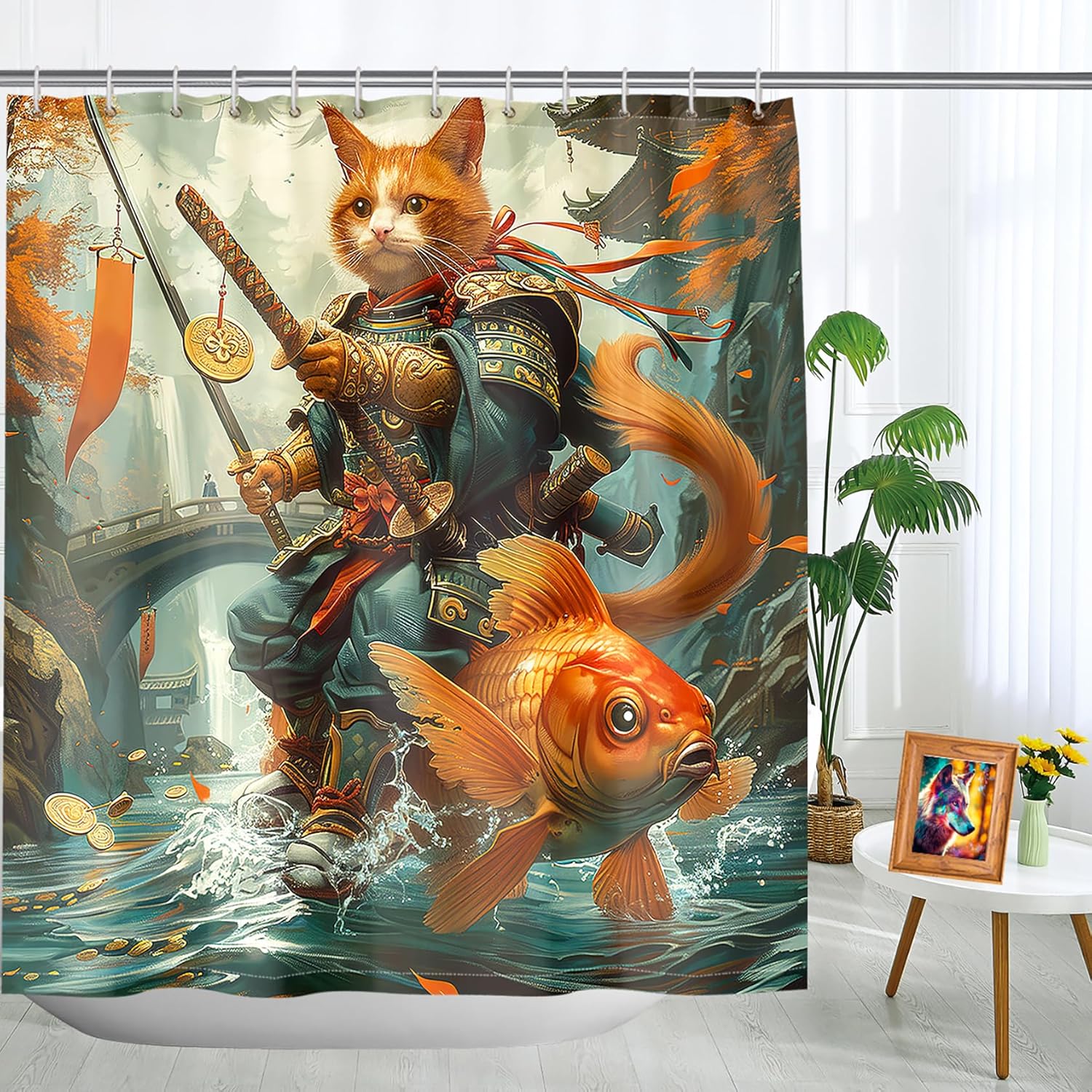 CDIWIDH Funny Cat Riding Fish Shower Curtain Set 4 Pcs 1