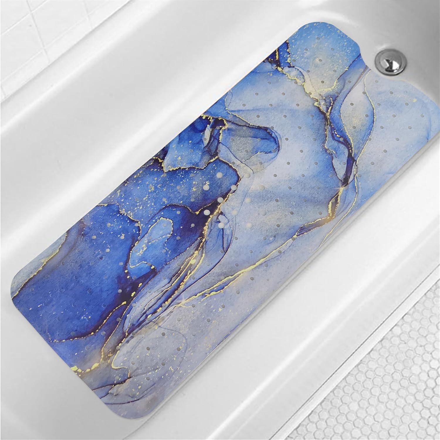 Denifeiya Blue Non Slip Marble Bathtub Mat 40x16