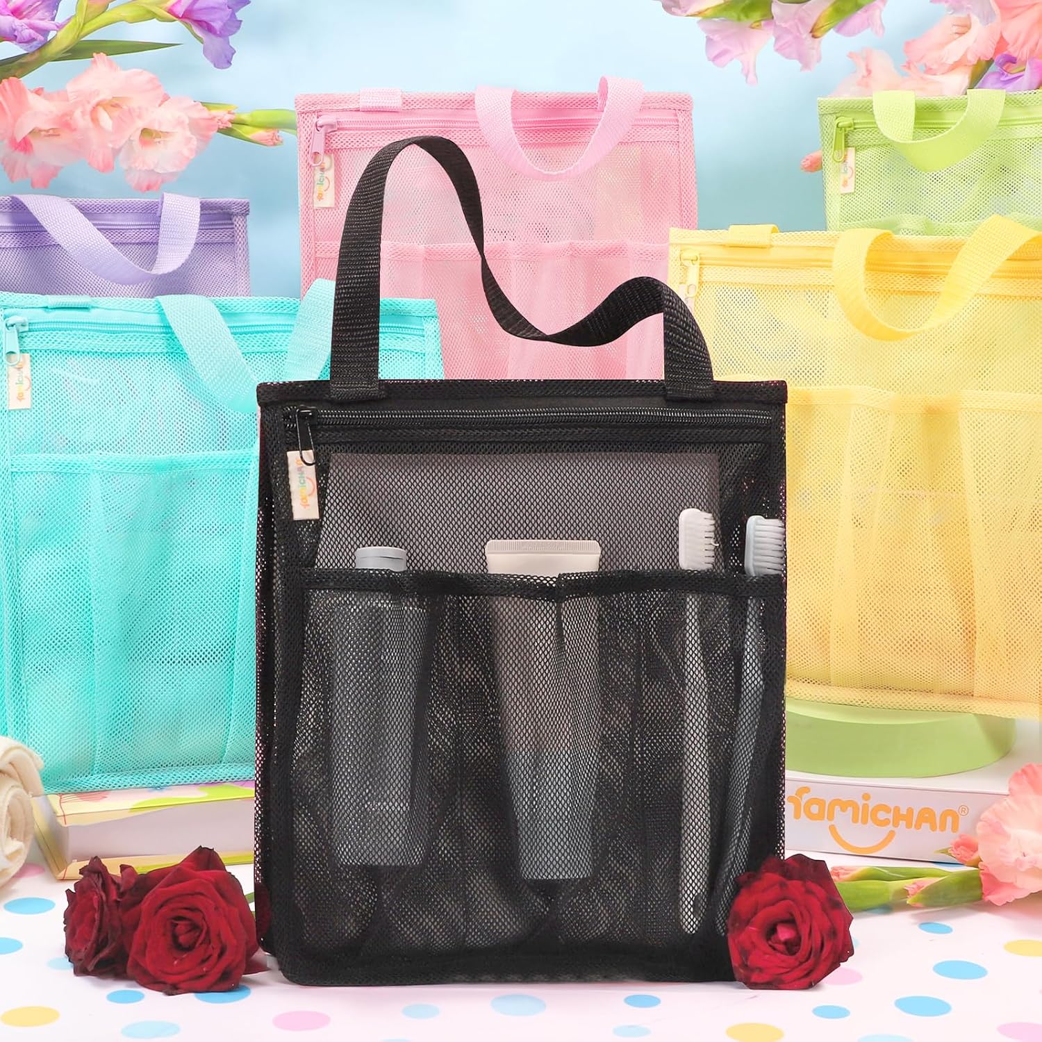 Portable Mesh Shower Caddy with Side Pocket - Black