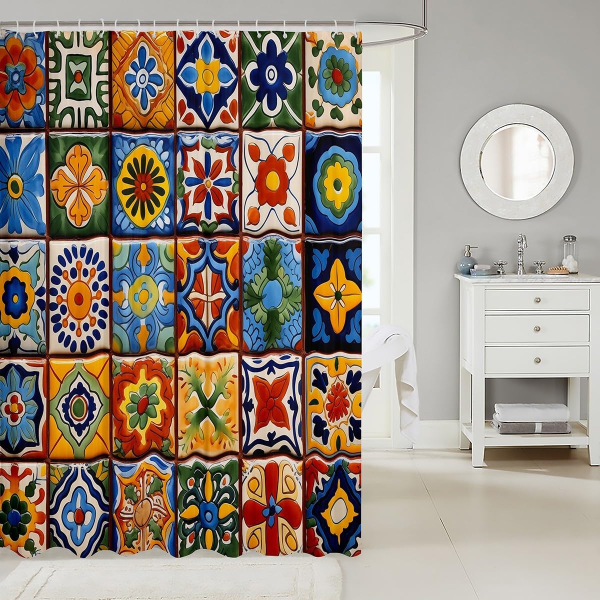 Erosebridal Mexican Talavera Tile Shower Curtain Set