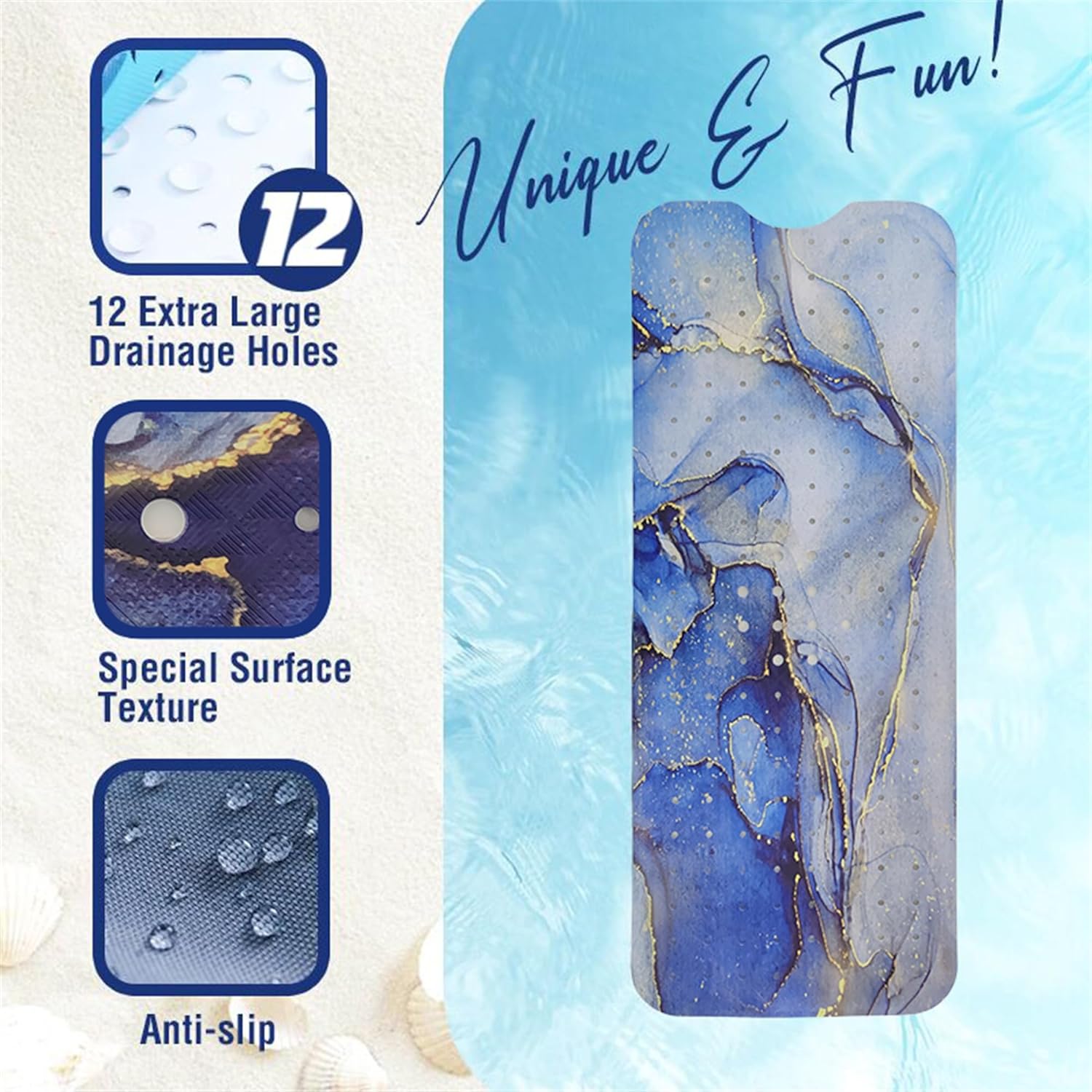 Denifeiya Blue Non Slip Marble Bathtub Mat 40x16