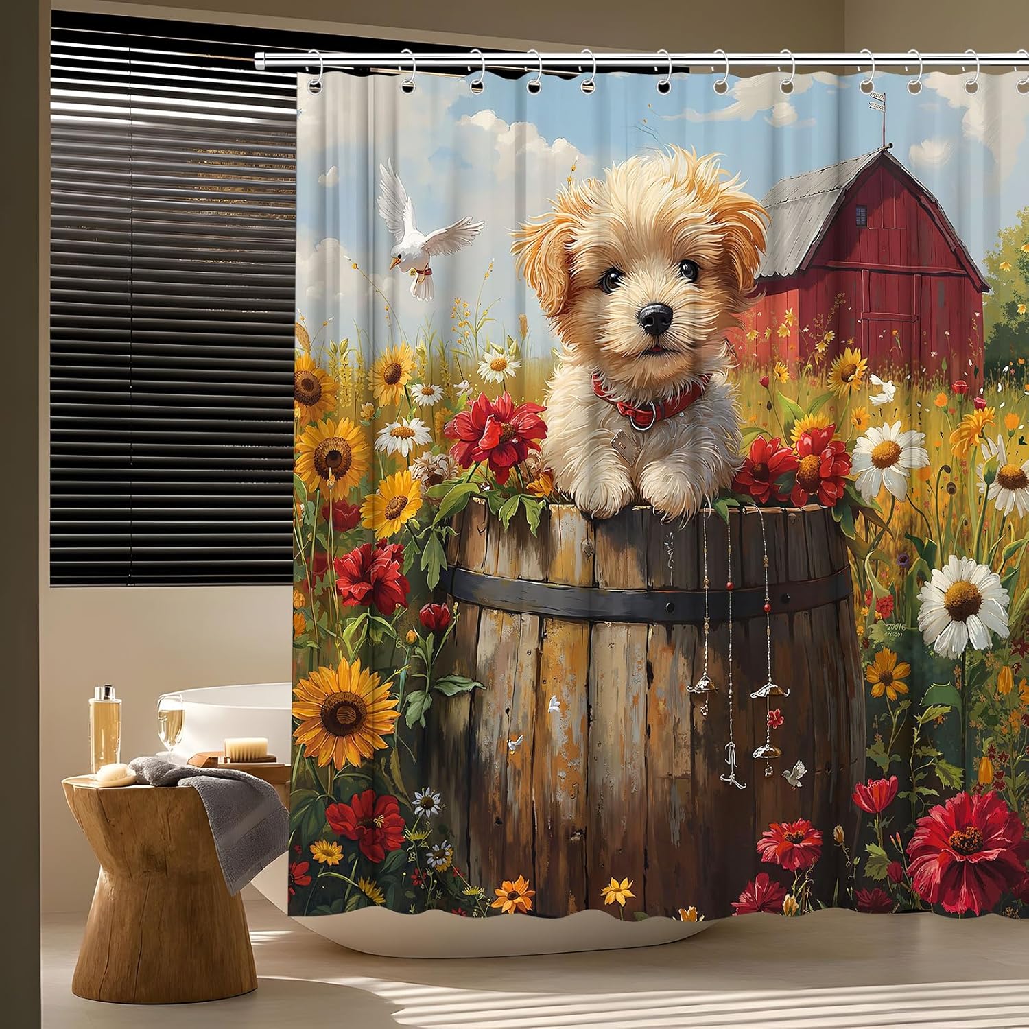 Farmhouse Dog Funny Animal Shower Curtain Set